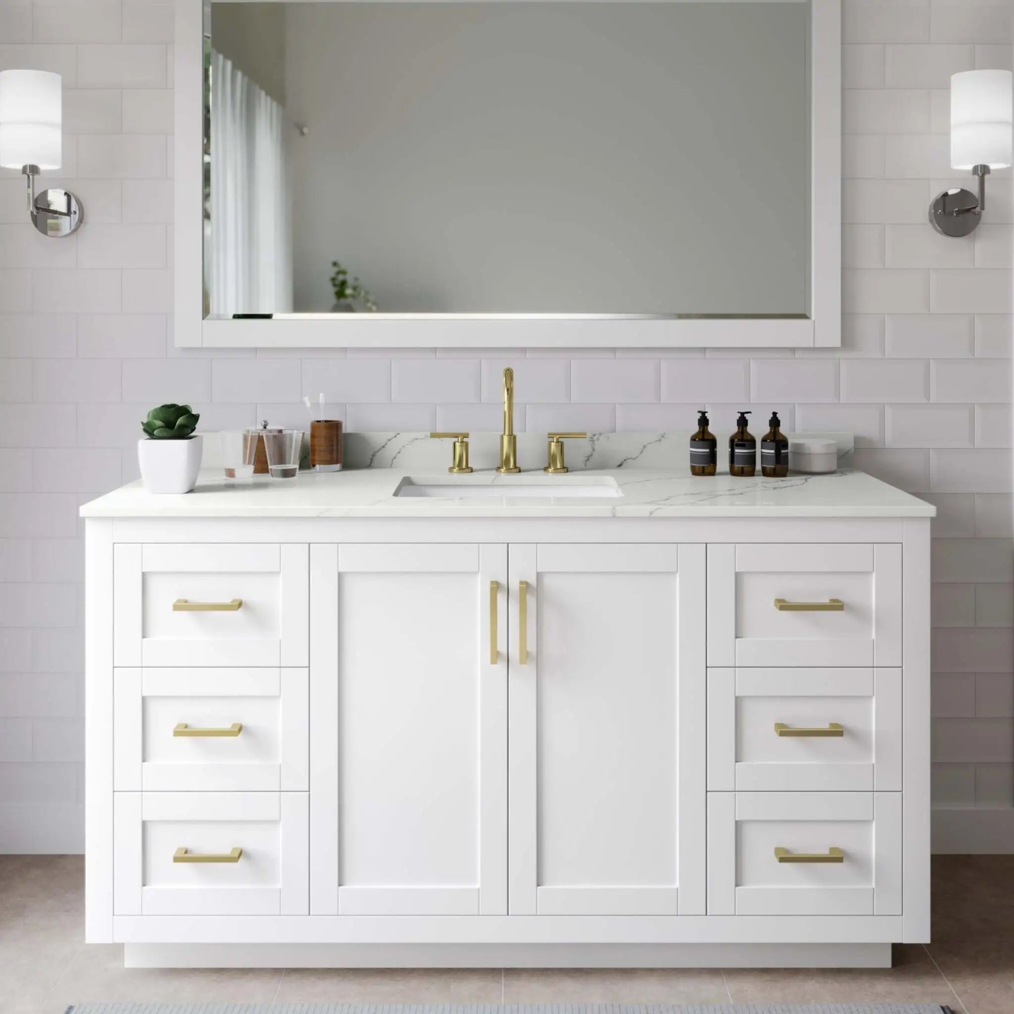 60" Miranda Single Bathroom Vanity in White with Brushed Gold Trim by Wyndham
