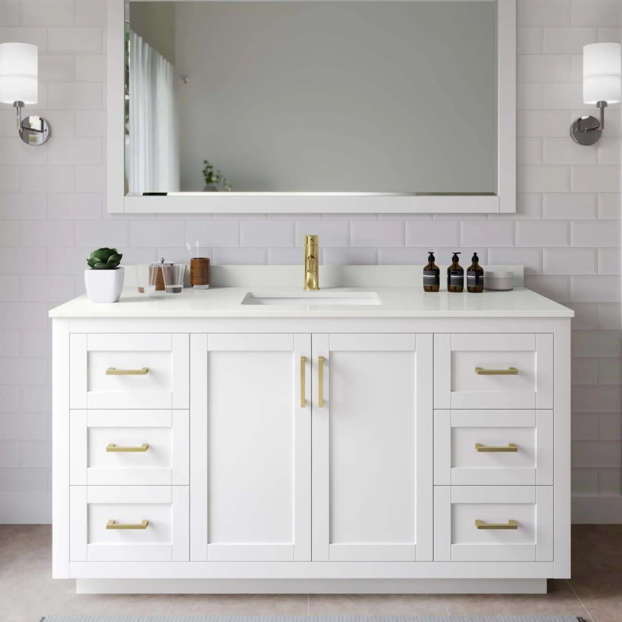 60" Miranda Single Bathroom Vanity in White with Brushed Gold Trim by Wyndham