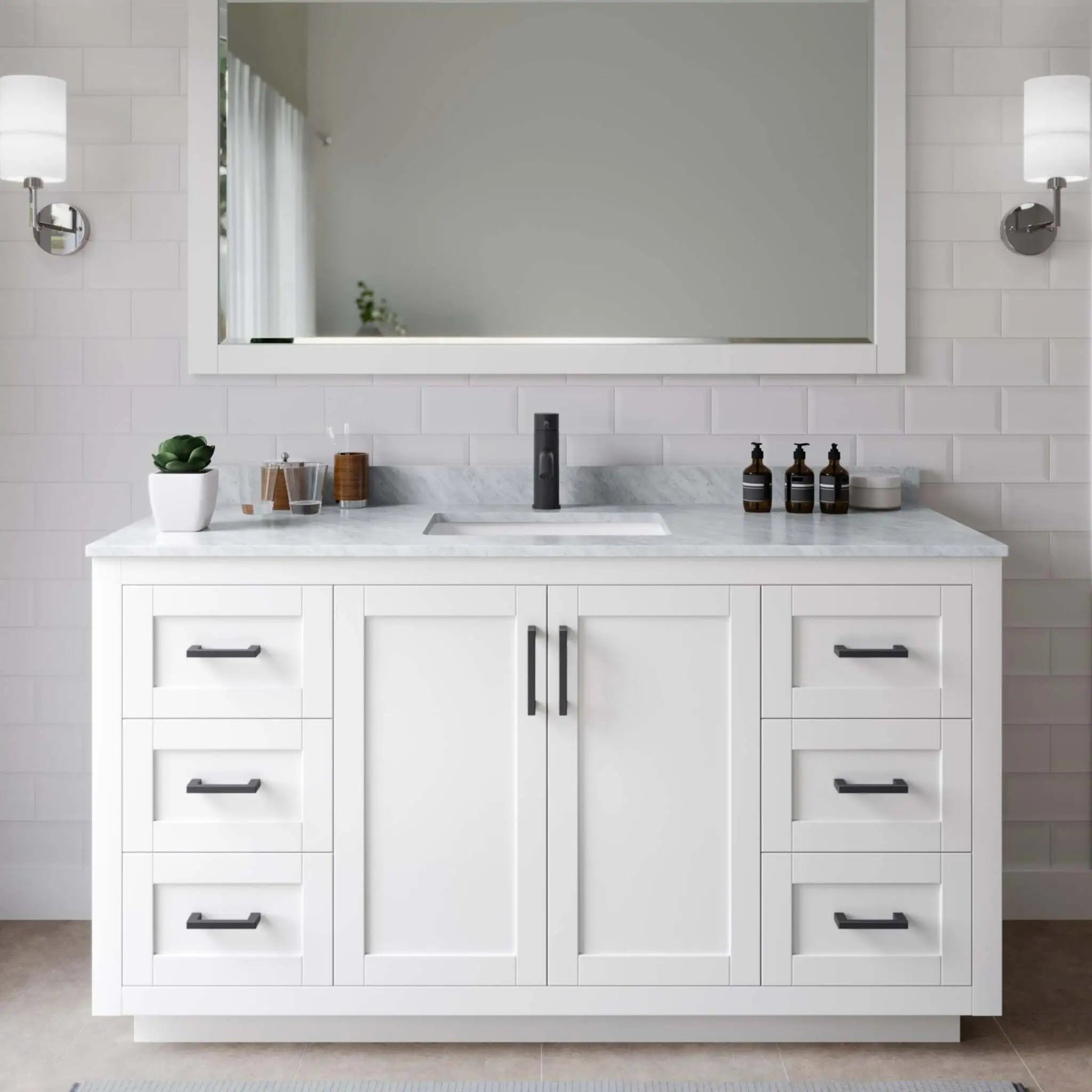 60" Miranda Single Bathroom Vanity in White with Matte Black Trim & 58" Mirror by Wyndham
