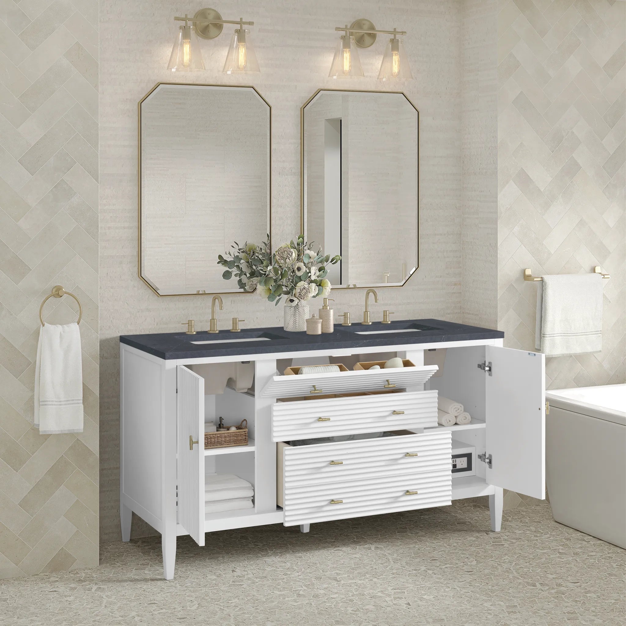 60" Myrrin Double Vanity in Bright White-Charcoal Soapstone Silestone-8" Widespread image 4
