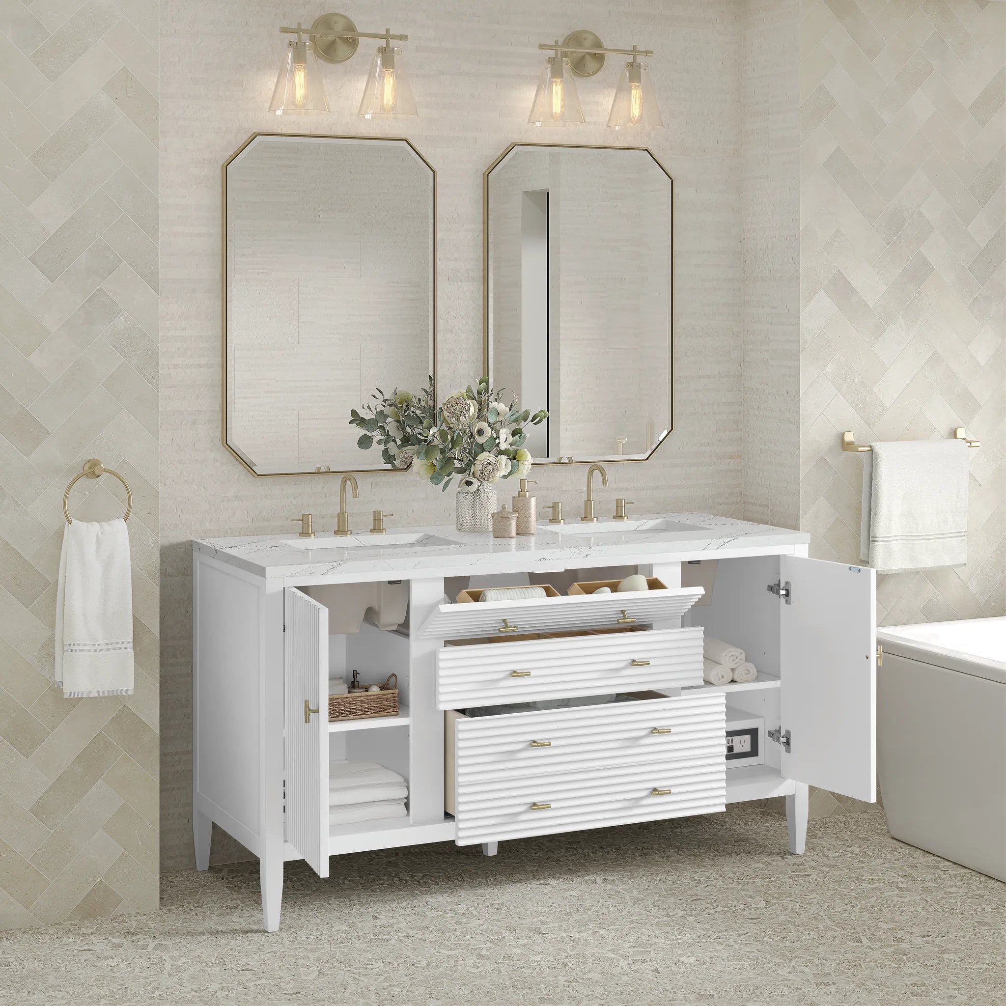 60" Myrrin Double Vanity in Bright White w/FreePower Wireless Charger-Ethereal Noctis Silestone-8" Widespread image 7