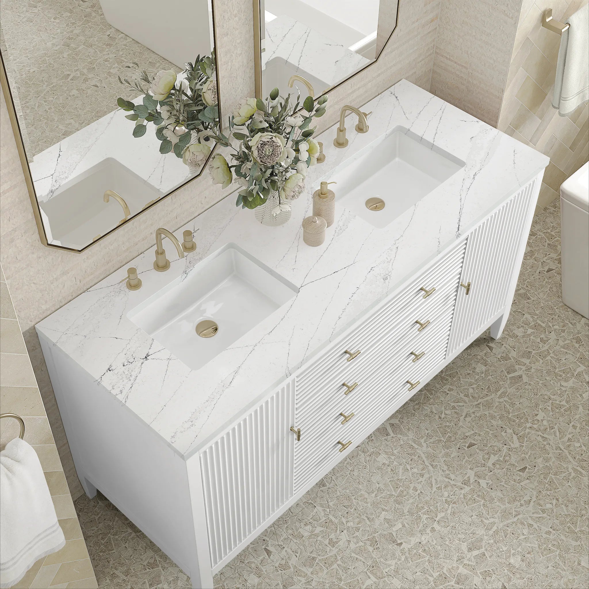 60" Myrrin Double Vanity in Bright White w/FreePower Wireless Charger-Ethereal Noctis Silestone-8" Widespread image 9