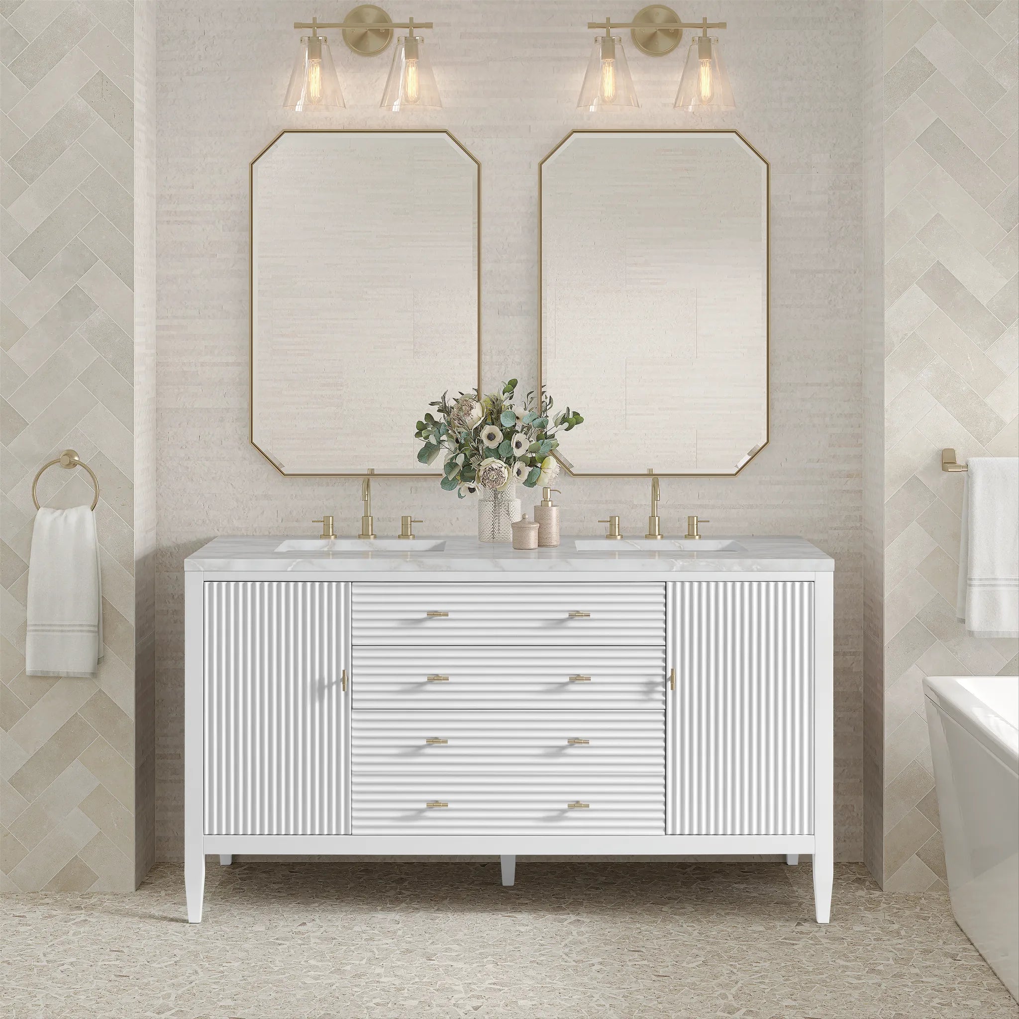 60" Myrrin Double Vanity in Bright White w/FreePower Wireless Charger-Victorian Silver Silestone-8" Widespread image 5