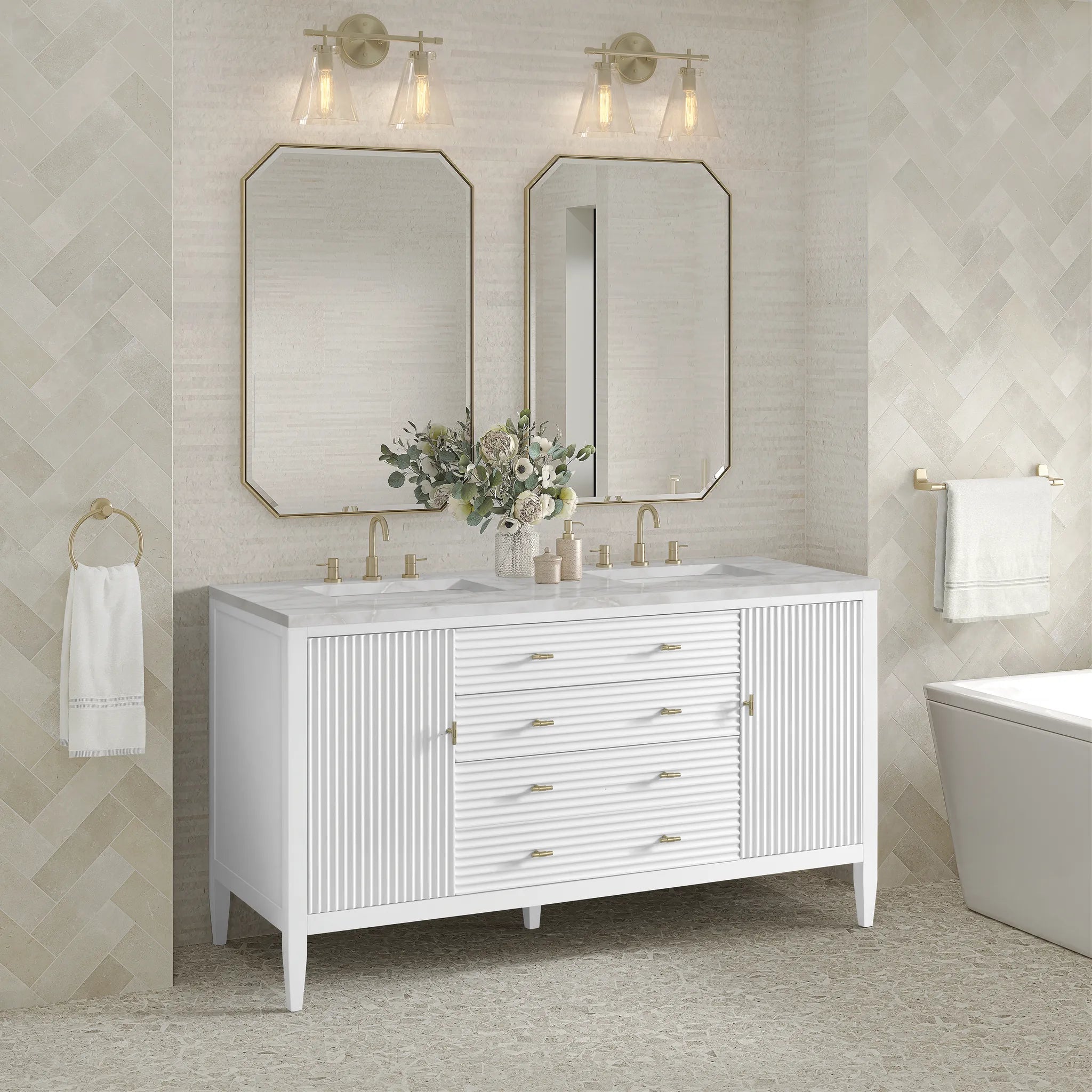 60" Myrrin Double Vanity in Bright White w/FreePower Wireless Charger-Victorian Silver Silestone-8" Widespread image 6