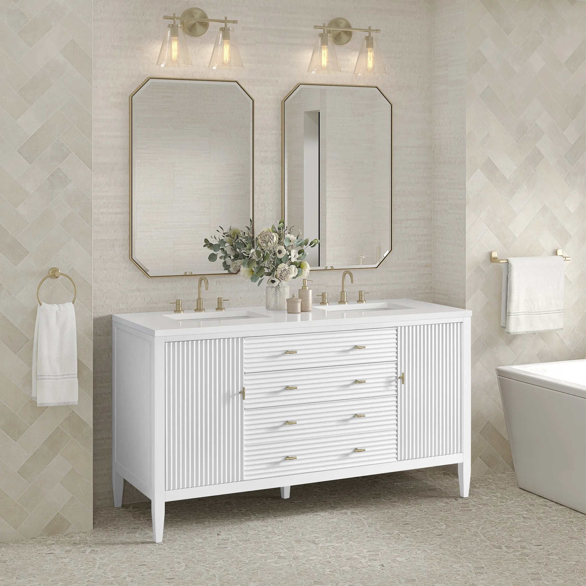 60" Myrrin Double Vanity in Bright White-White Zeus Silestone-8" Widespread image 3