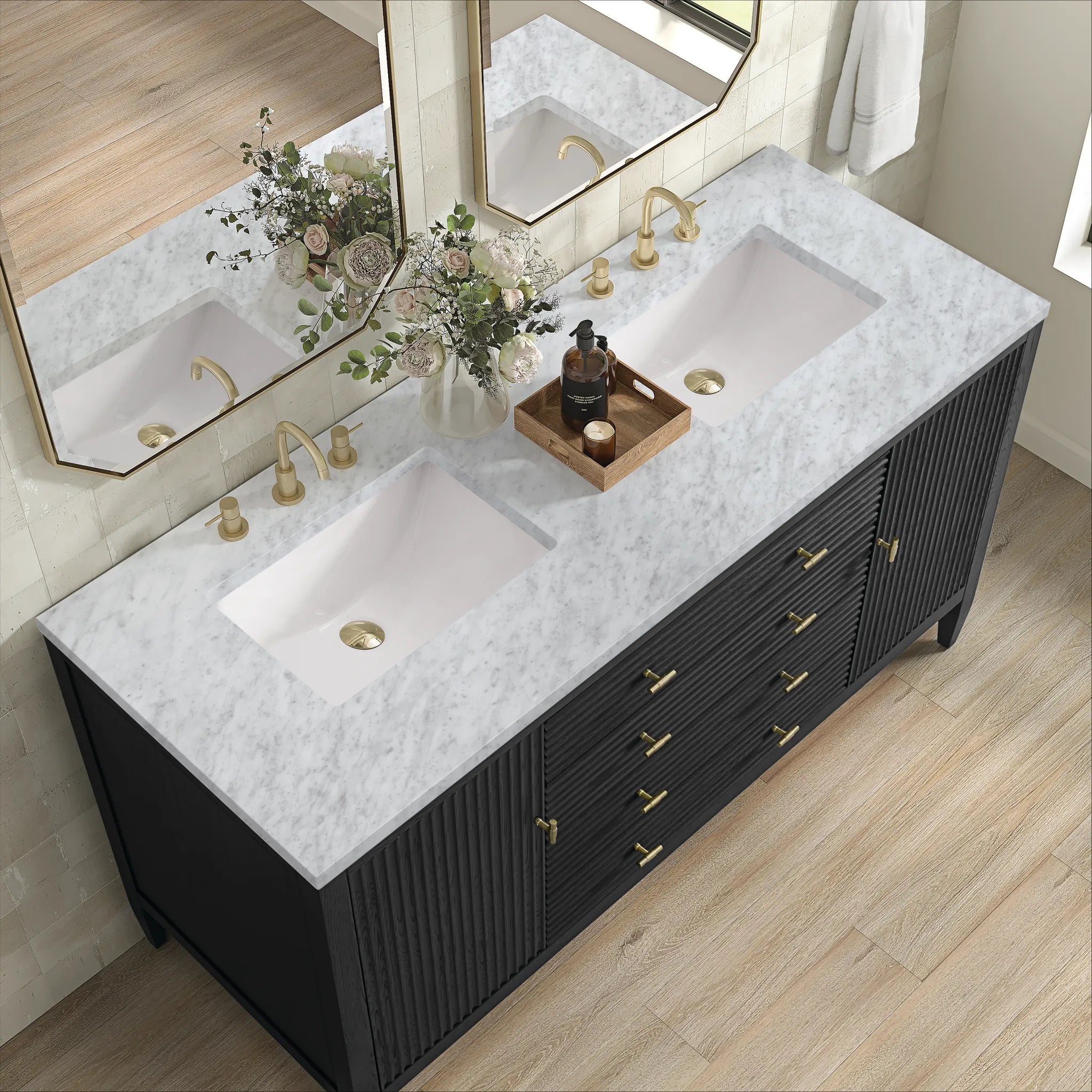 60" Myrrin Double Vanity in Carbon Oak-Carrara White Marble-8" Widespread image 6