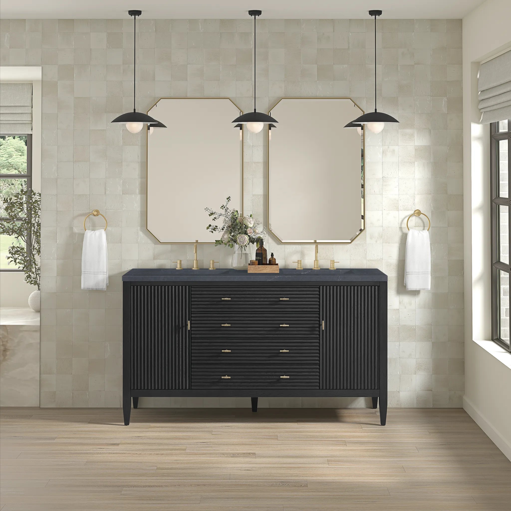 60" Myrrin Double Vanity in Carbon Oak-Charcoal Soapstone Silestone-8" Widespread image 2