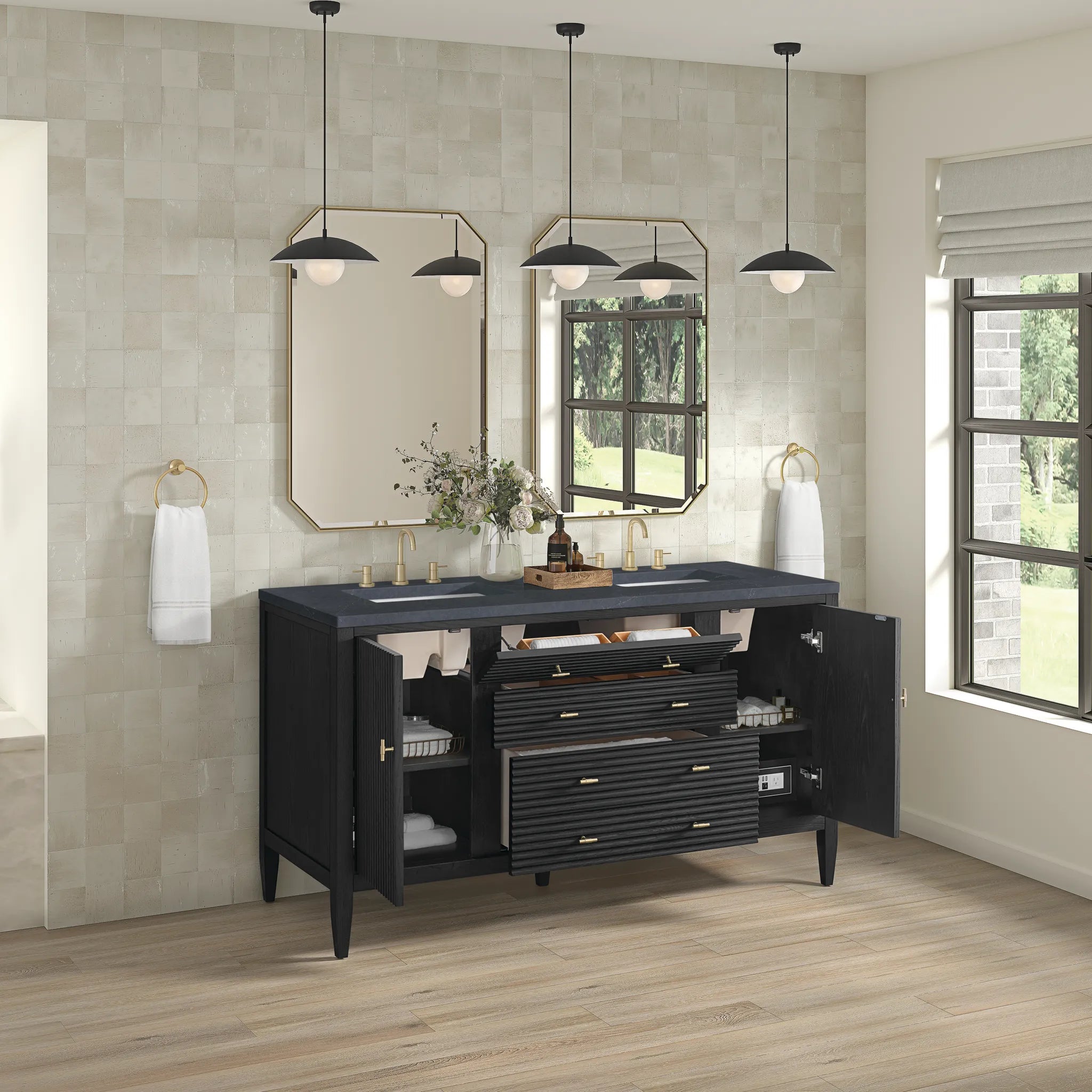 60" Myrrin Double Vanity in Carbon Oak-Charcoal Soapstone Silestone-8" Widespread image 4