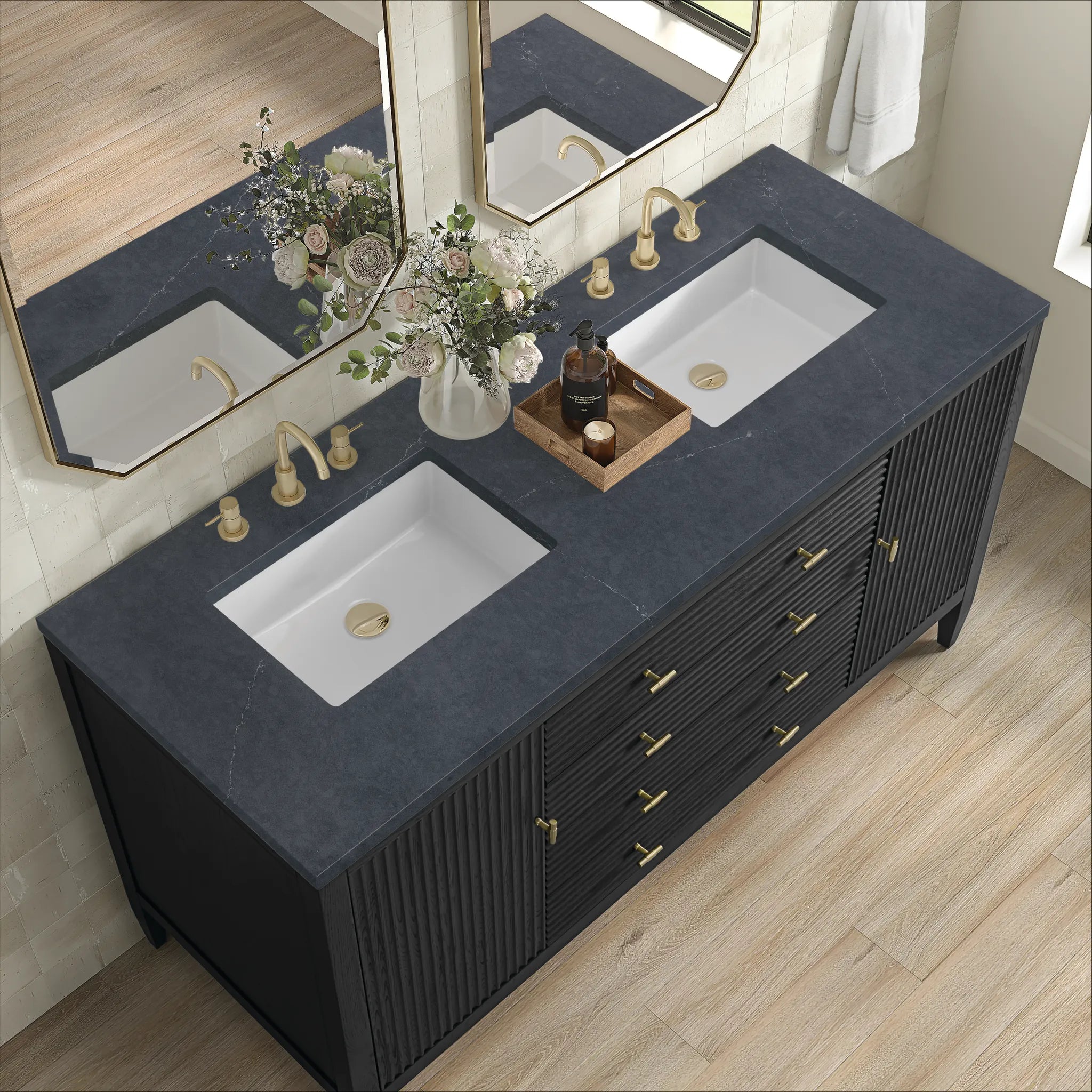 60" Myrrin Double Vanity in Carbon Oak-Charcoal Soapstone Silestone-8" Widespread image 6