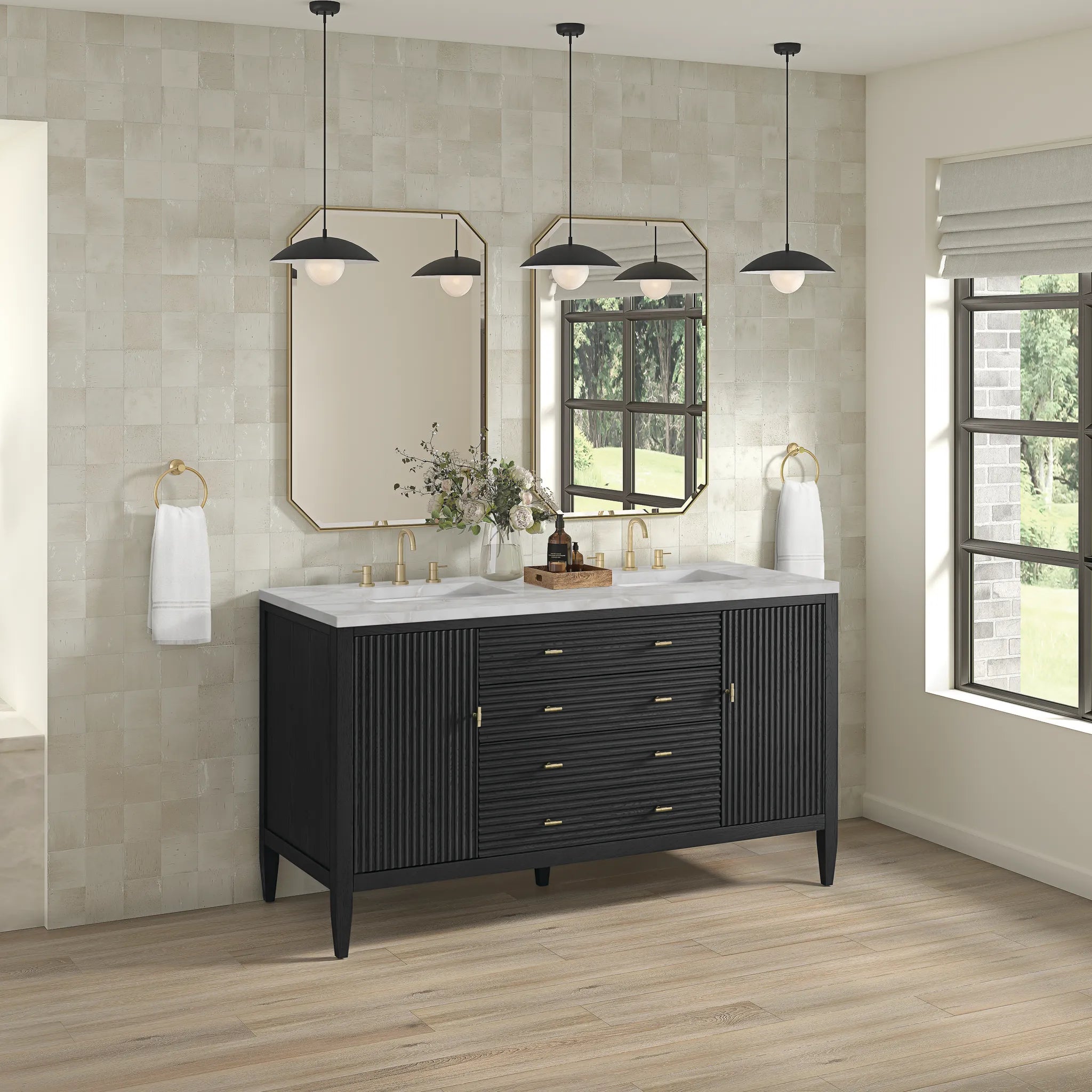 60" Myrrin Double Vanity in Carbon Oak-Victorian Silver Silestone-8" Widespread image 3