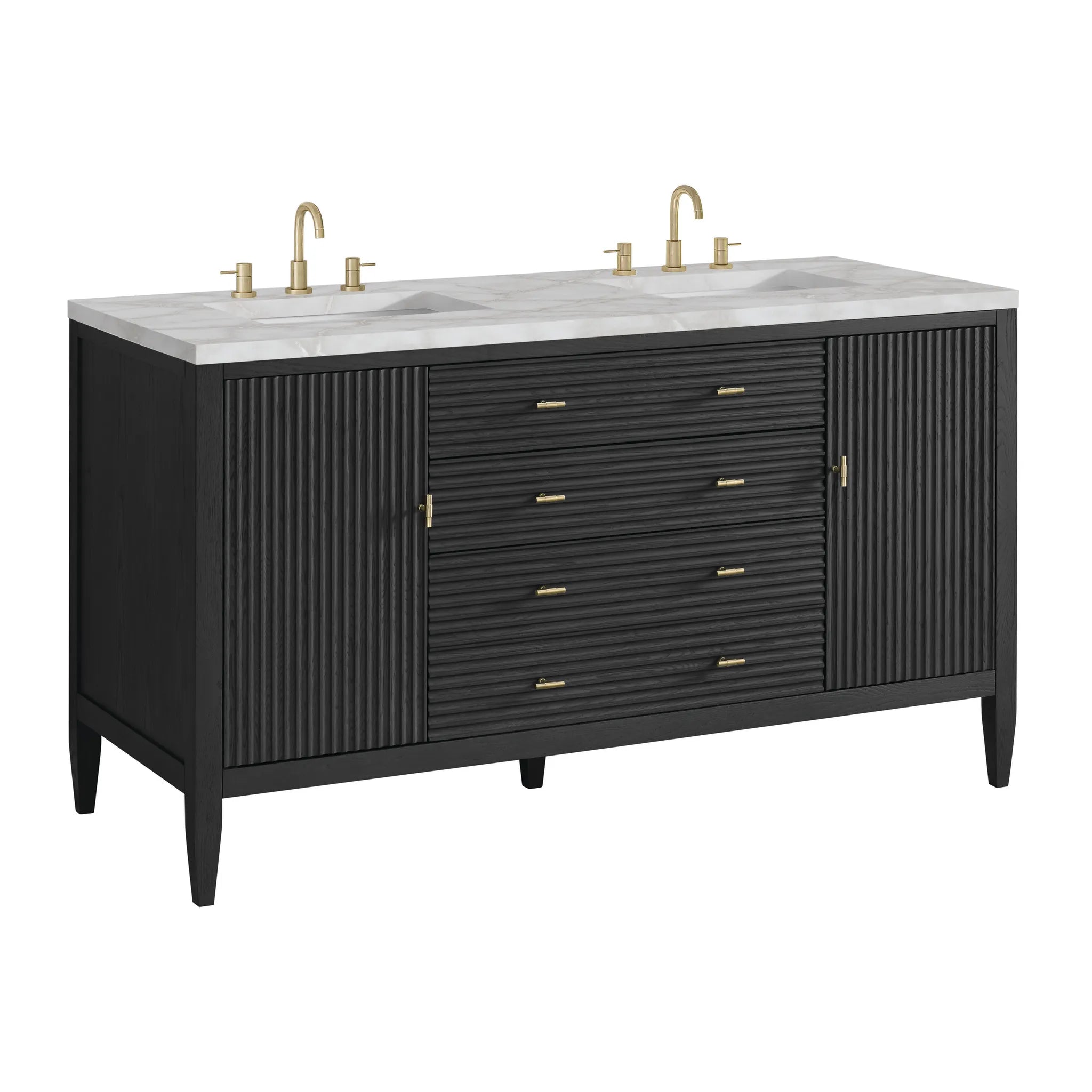 60" Myrrin Double Vanity in Carbon Oak-Victorian Silver Silestone-8" Widespread image 9