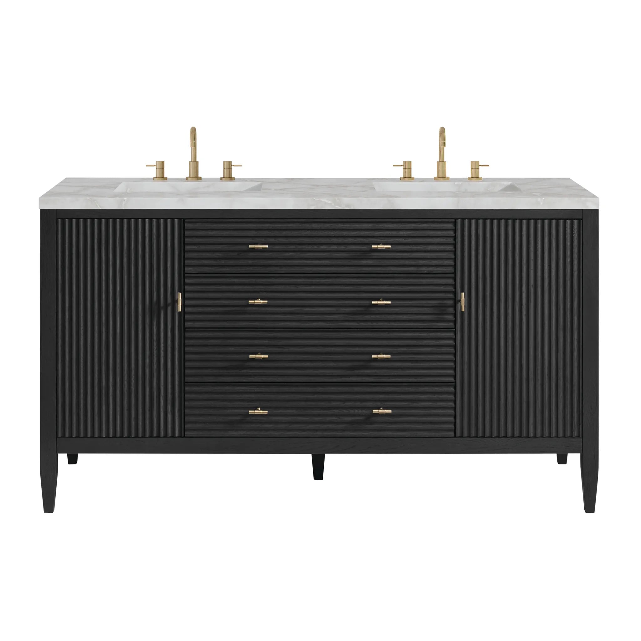 60" Myrrin Double Vanity in Carbon Oak-Victorian Silver Silestone-8" Widespread image