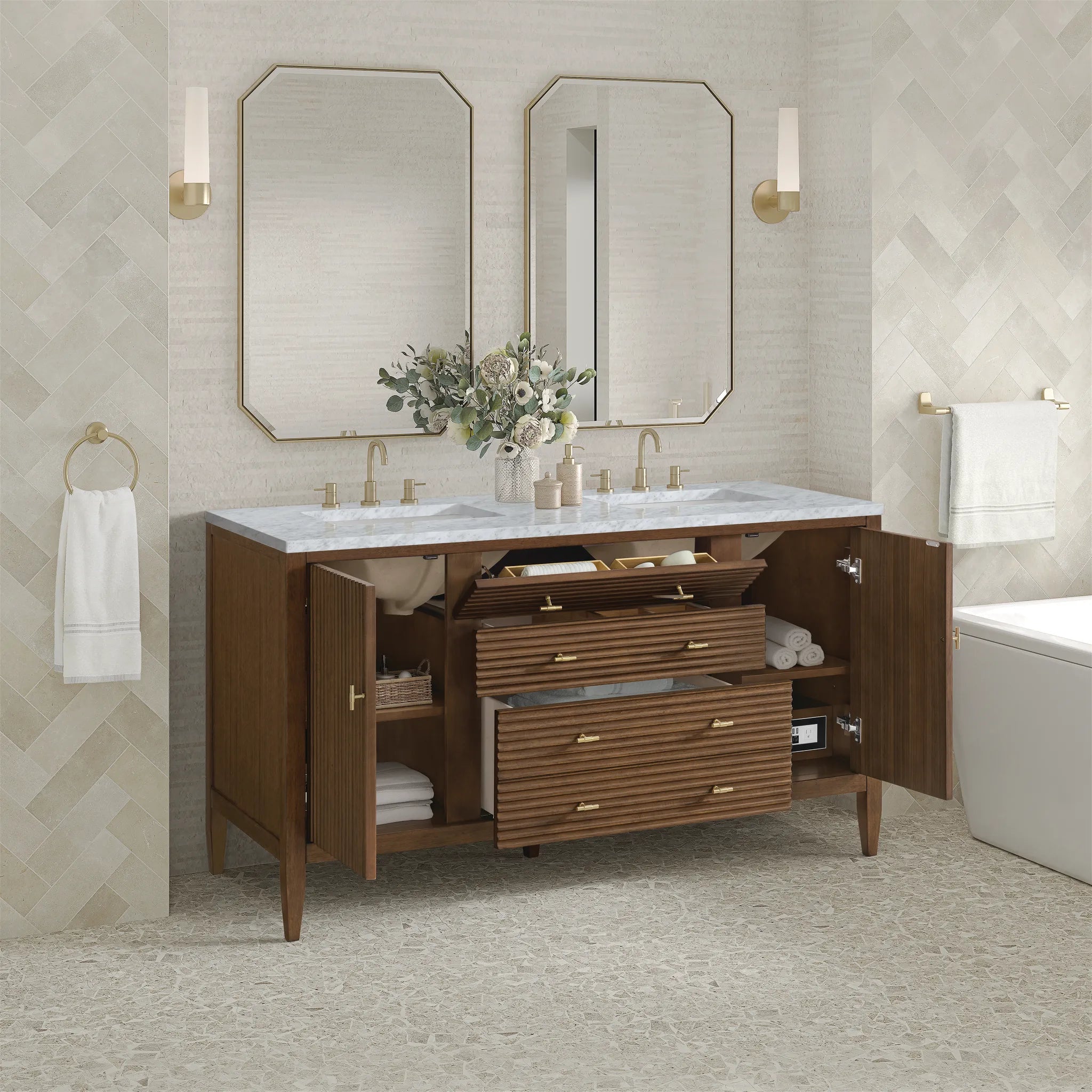 60" Myrrin Double Vanity in Mid Century Walnut-Carrara White Marble-8" Widespread image 4