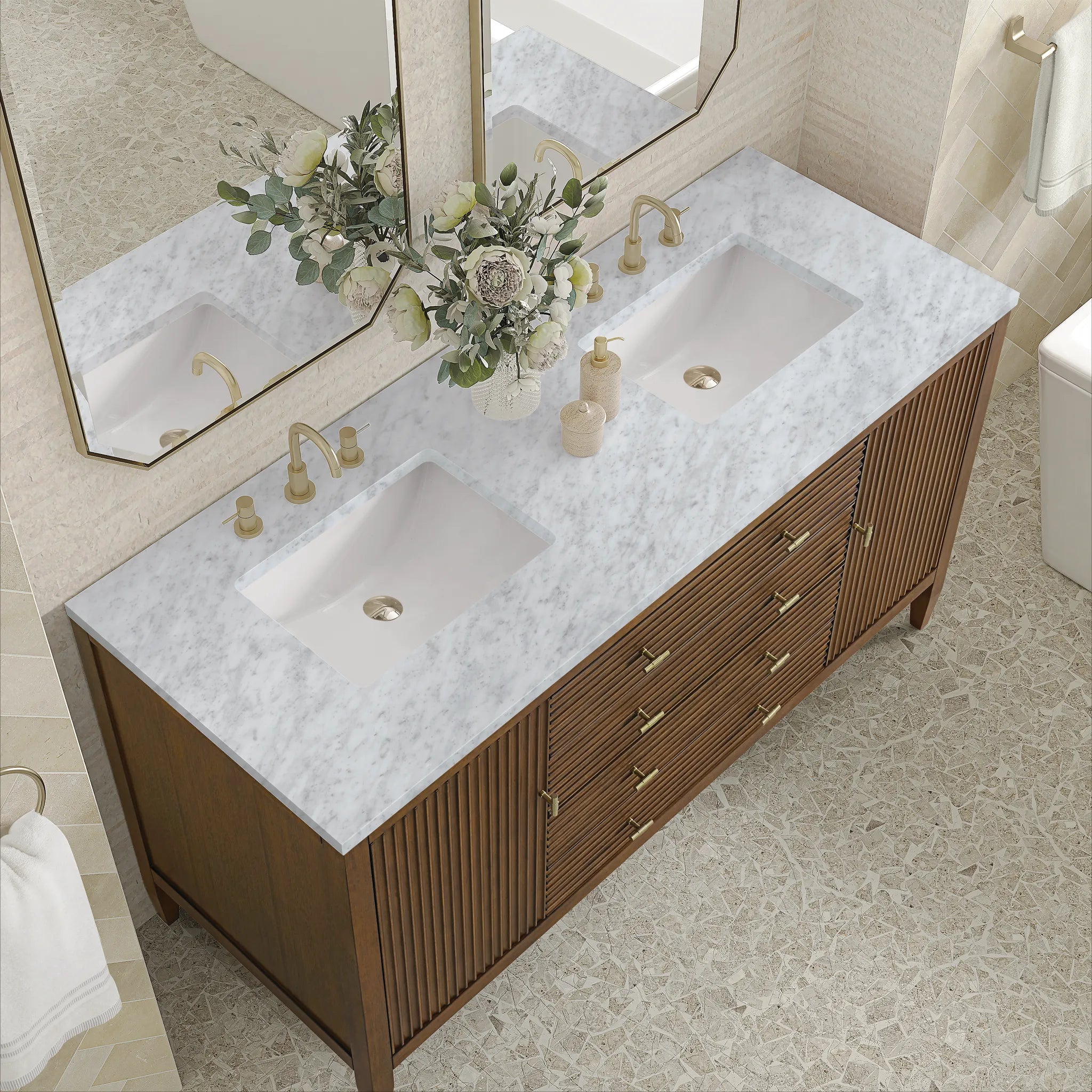 60" Myrrin Double Vanity in Mid Century Walnut-Carrara White Marble-8" Widespread image 6