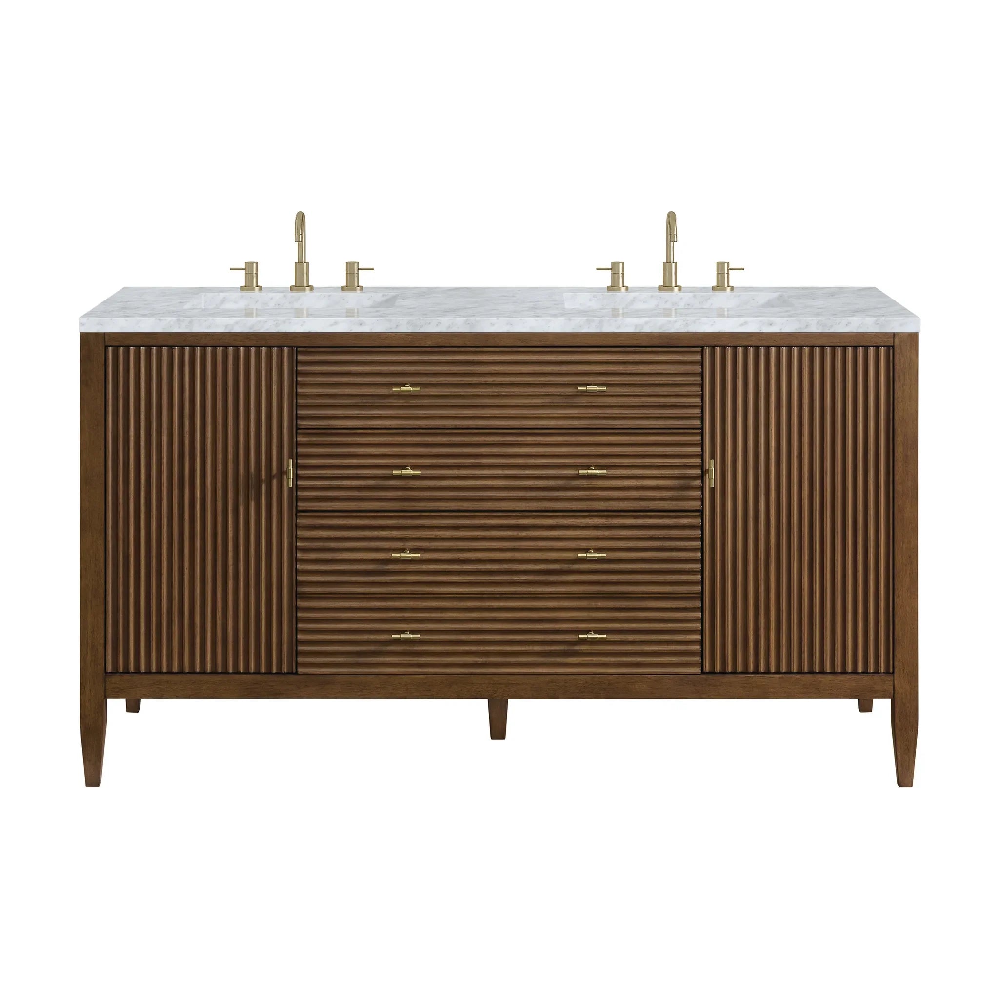 60" Myrrin Double Vanity in Mid Century Walnut-Carrara White Marble-8" Widespread image