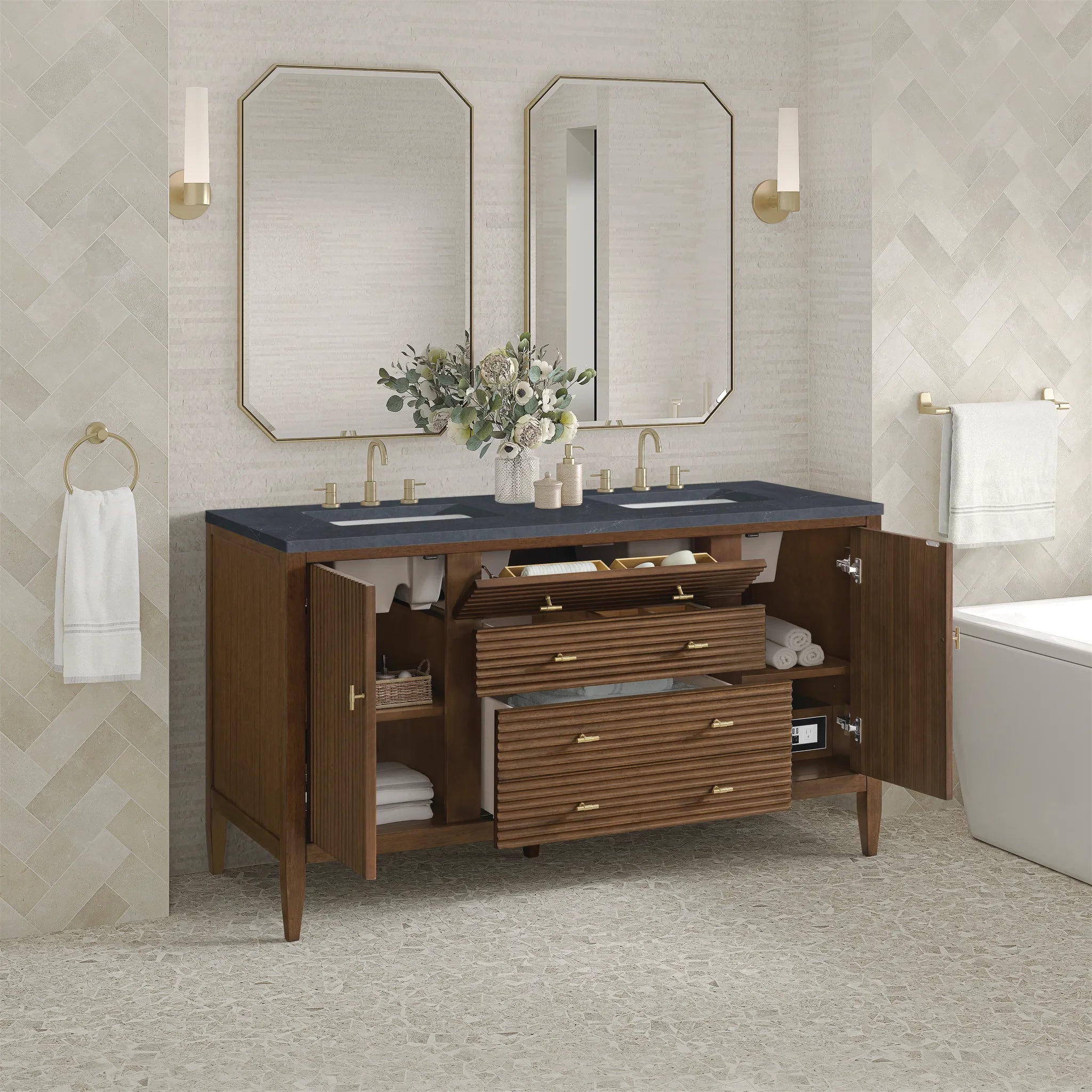 60" Myrrin Double Vanity in Mid Century Walnut-Charcoal Soapstone Silestone-8" Widespread image 4