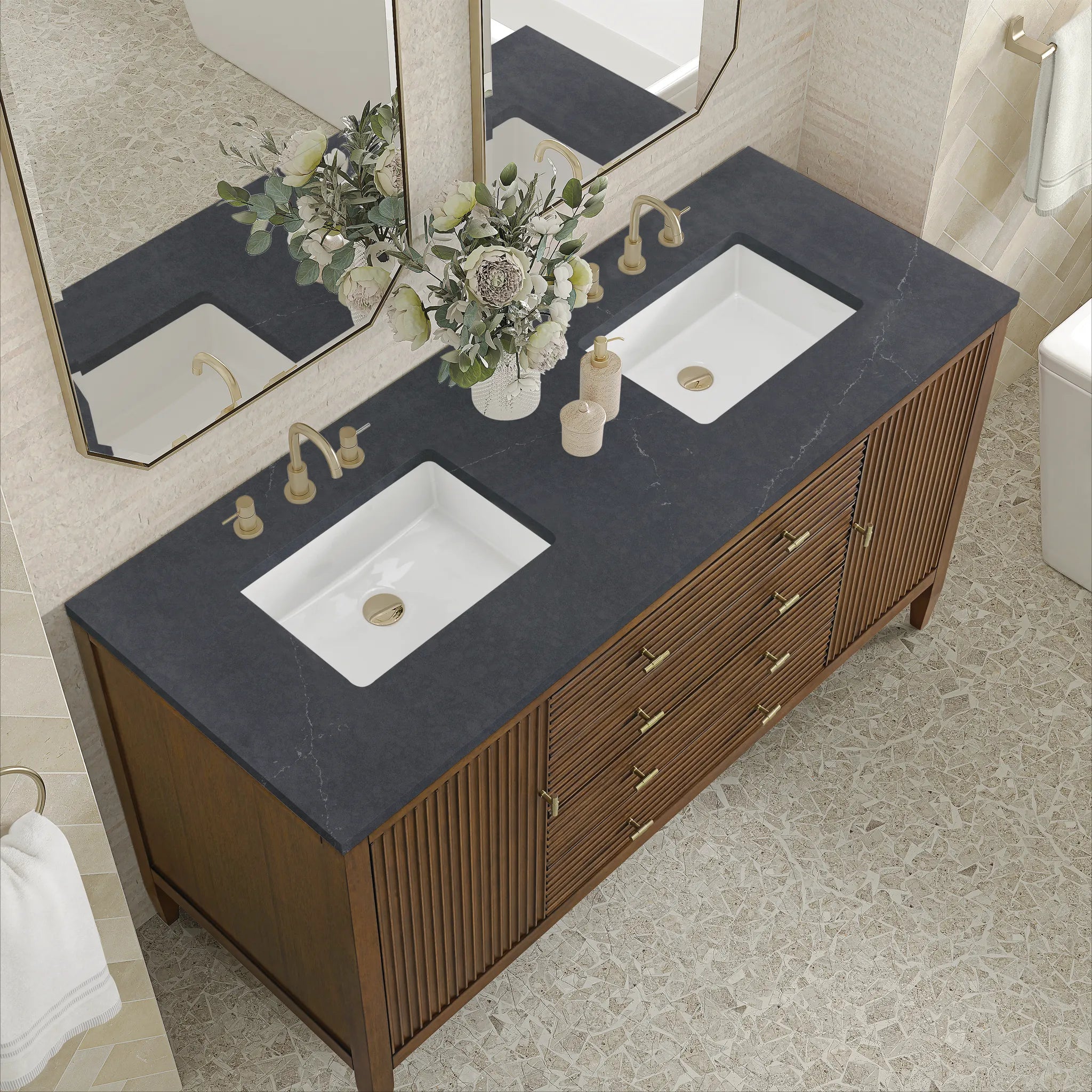 60" Myrrin Double Vanity in Mid Century Walnut-Charcoal Soapstone Silestone-8" Widespread image 6