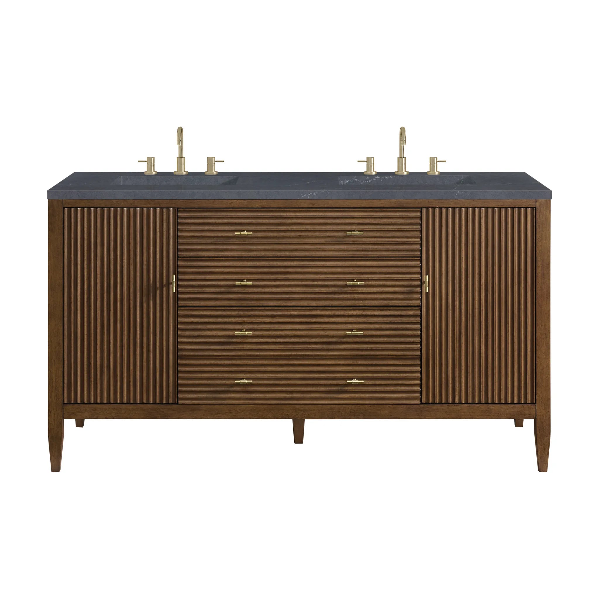 60" Myrrin Double Vanity in Mid Century Walnut-Charcoal Soapstone Silestone-8" Widespread image