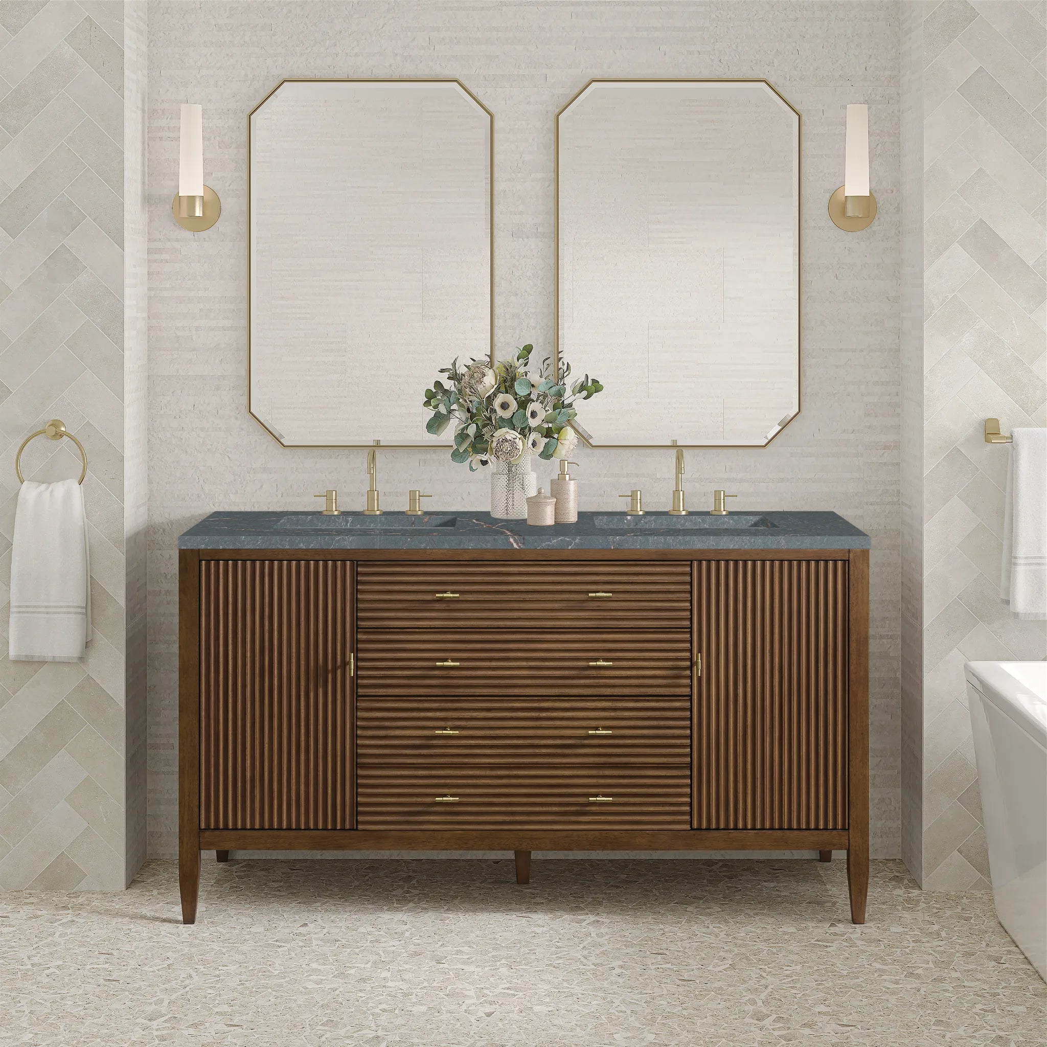 60" Myrrin Double Vanity in Mid Century Walnut-Parisien Bleu Silestone-8" Widespread image 2