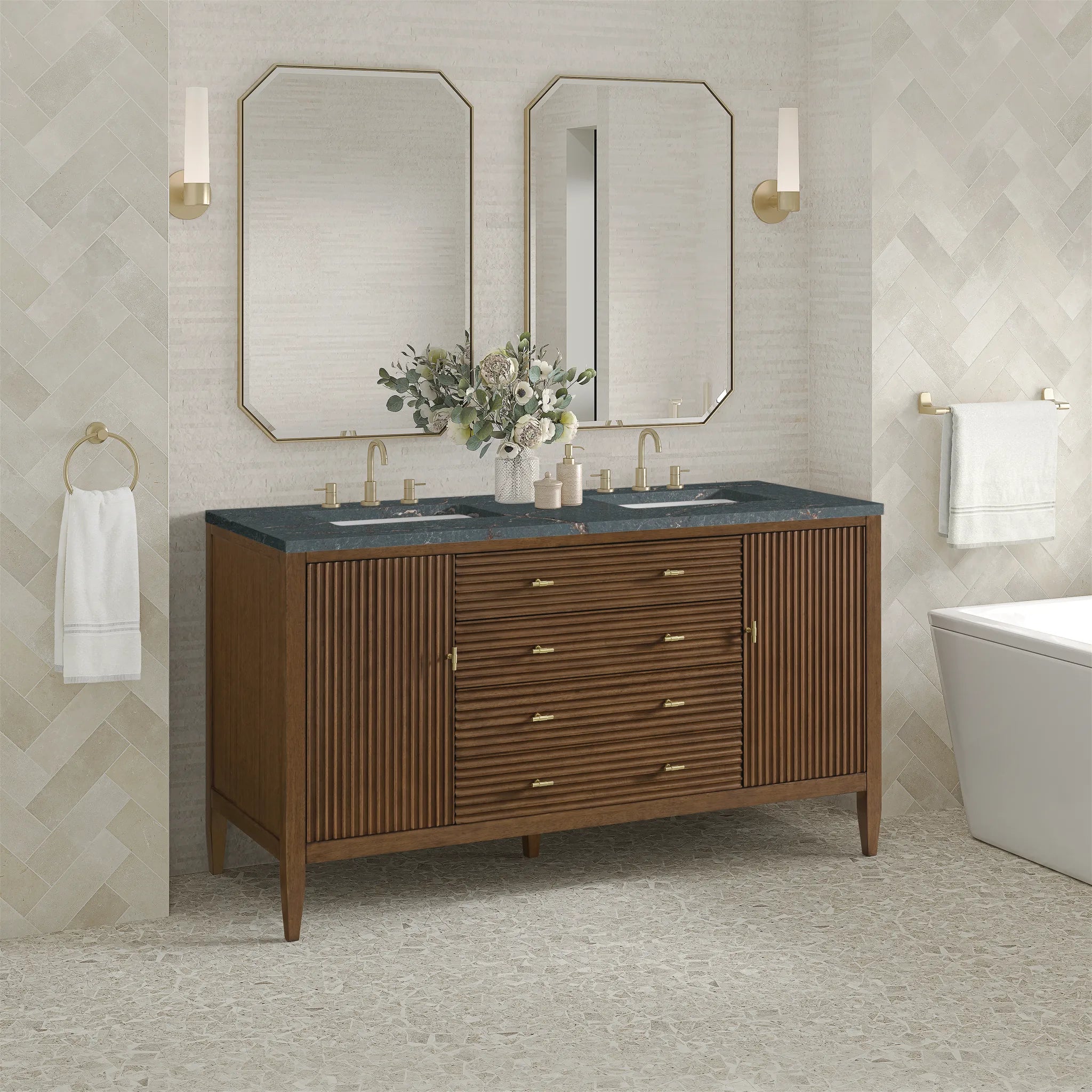 60" Myrrin Double Vanity in Mid Century Walnut-Parisien Bleu Silestone-8" Widespread image 3