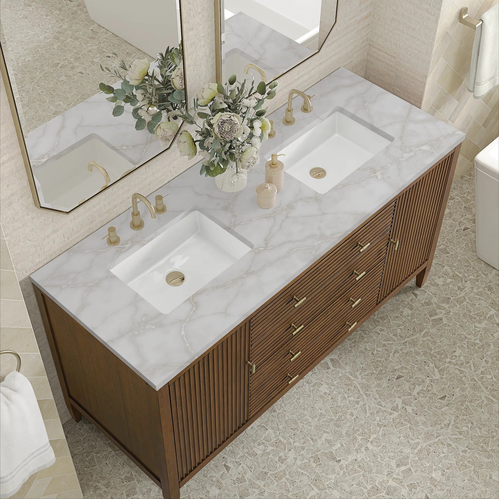 60" Myrrin Double Vanity in Mid Century Walnut-Victorian Silver Silestone-8" Widespread image 6