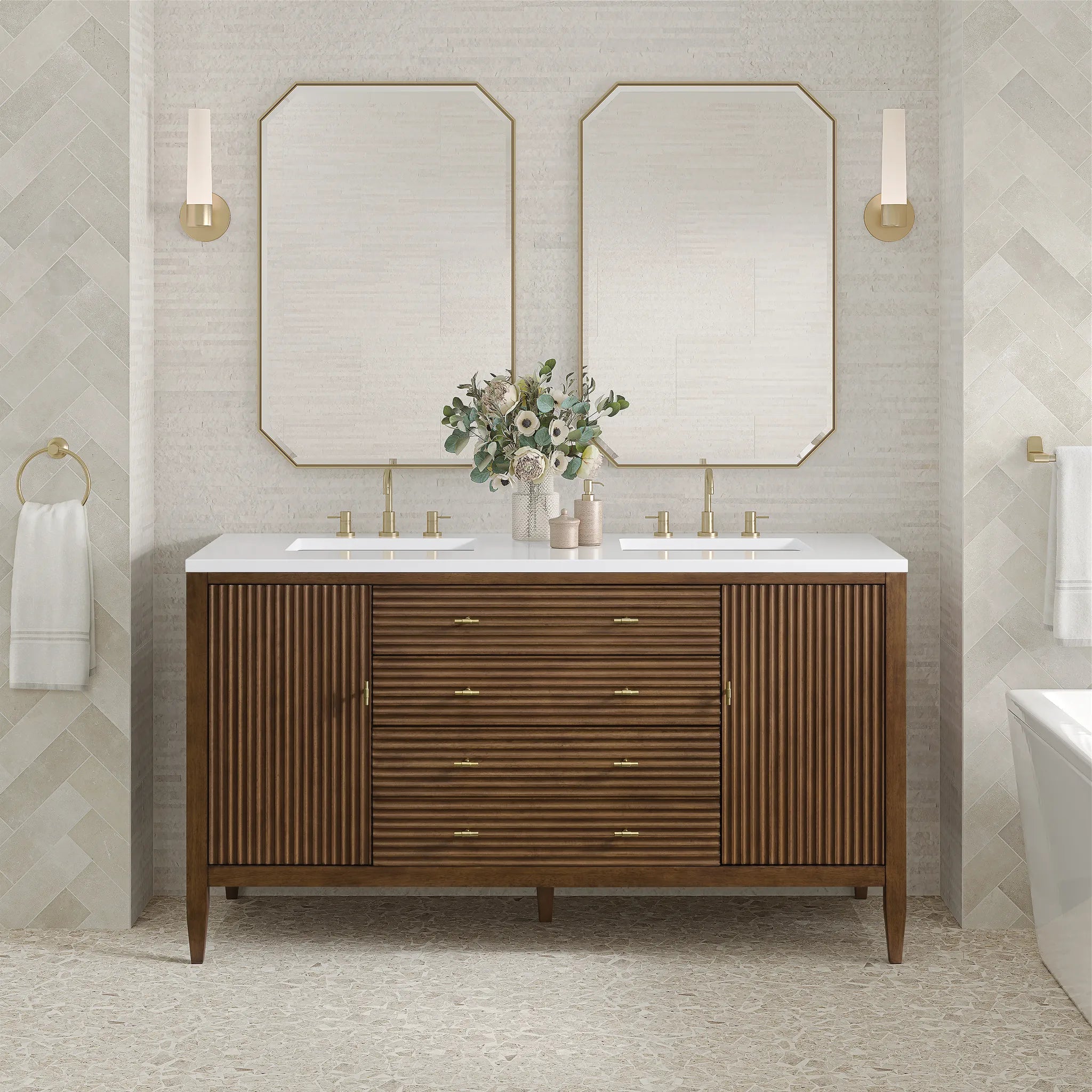 60" Myrrin Double Vanity in Mid Century Walnut w/FreePower Wireless Charger-Cabinet Only-Not Available image 2
