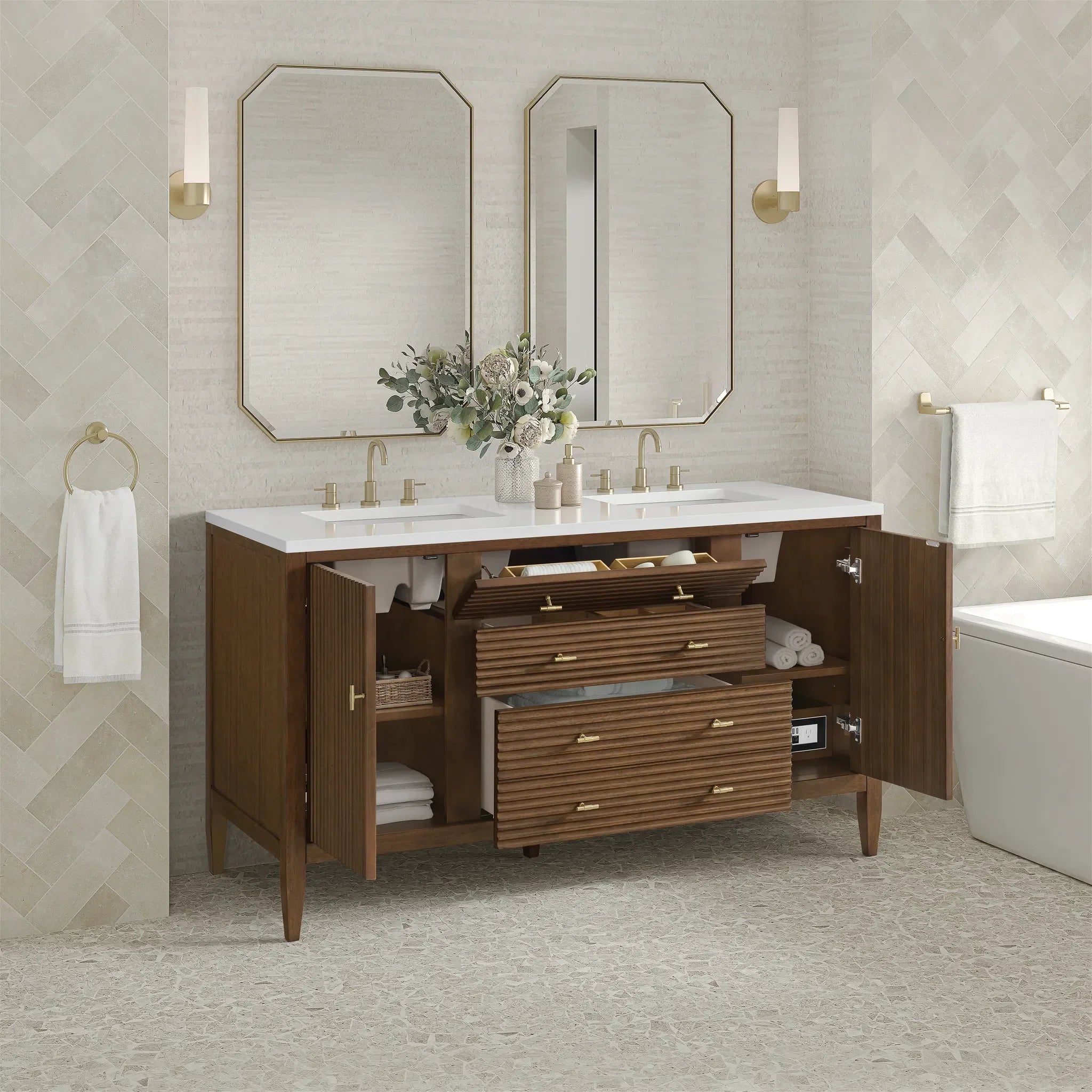 60" Myrrin Double Vanity in Mid Century Walnut w/FreePower Wireless Charger-Cabinet Only-Not Available image 4
