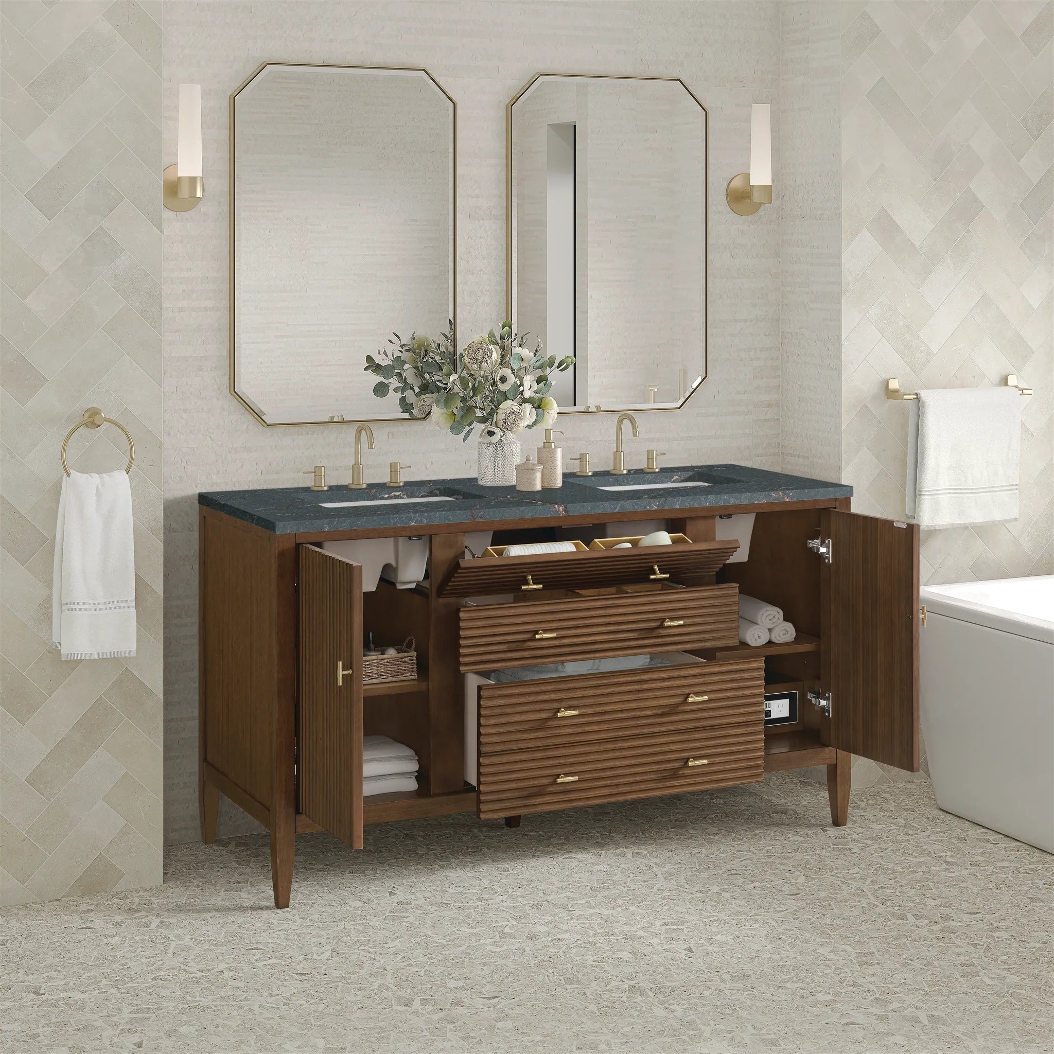 60" Myrrin Double Vanity in Mid Century Walnut w/FreePower Wireless Charger-Parisien Bleu Silestone-8" Widespread image 7
