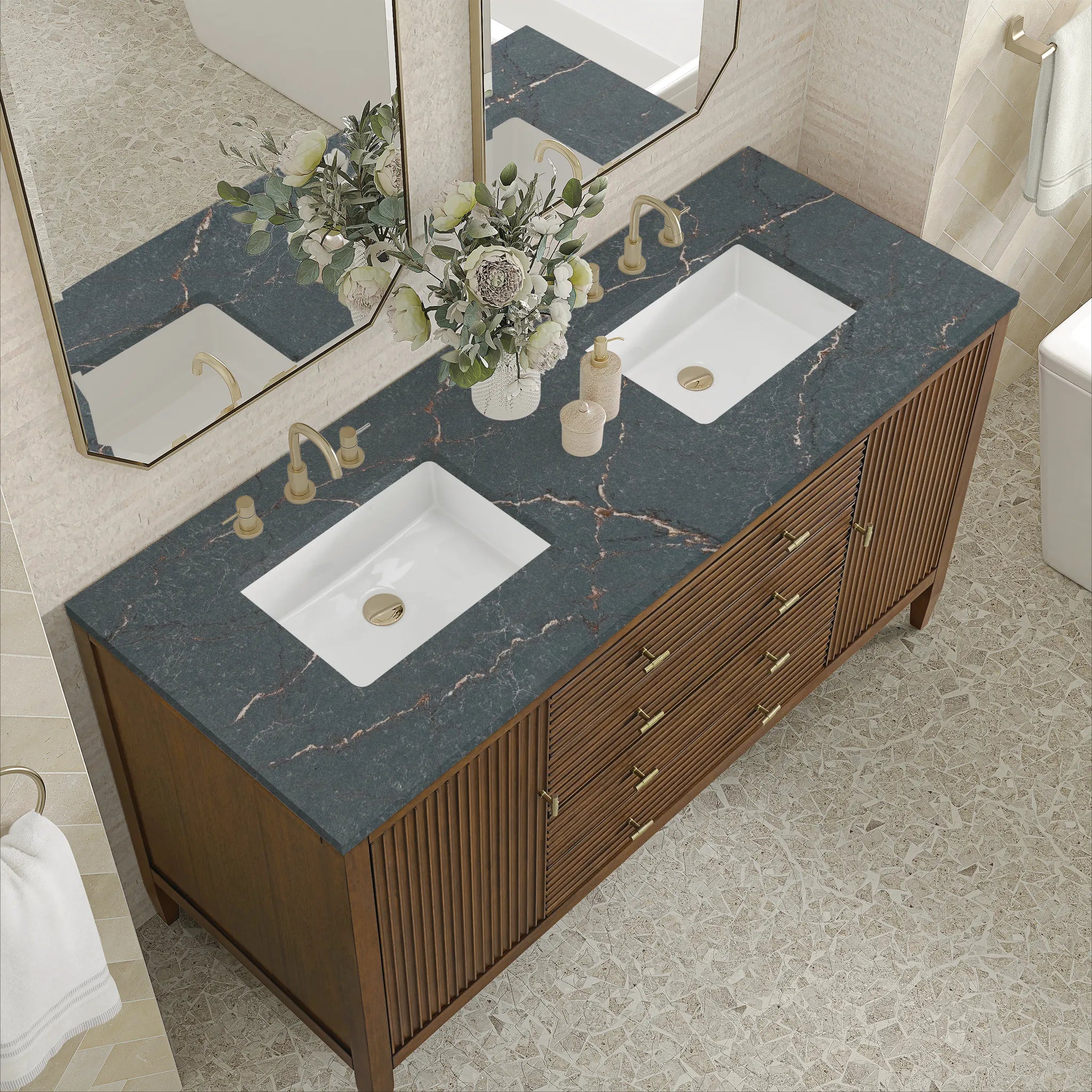 60" Myrrin Double Vanity in Mid Century Walnut w/FreePower Wireless Charger-Parisien Bleu Silestone-8" Widespread image 9