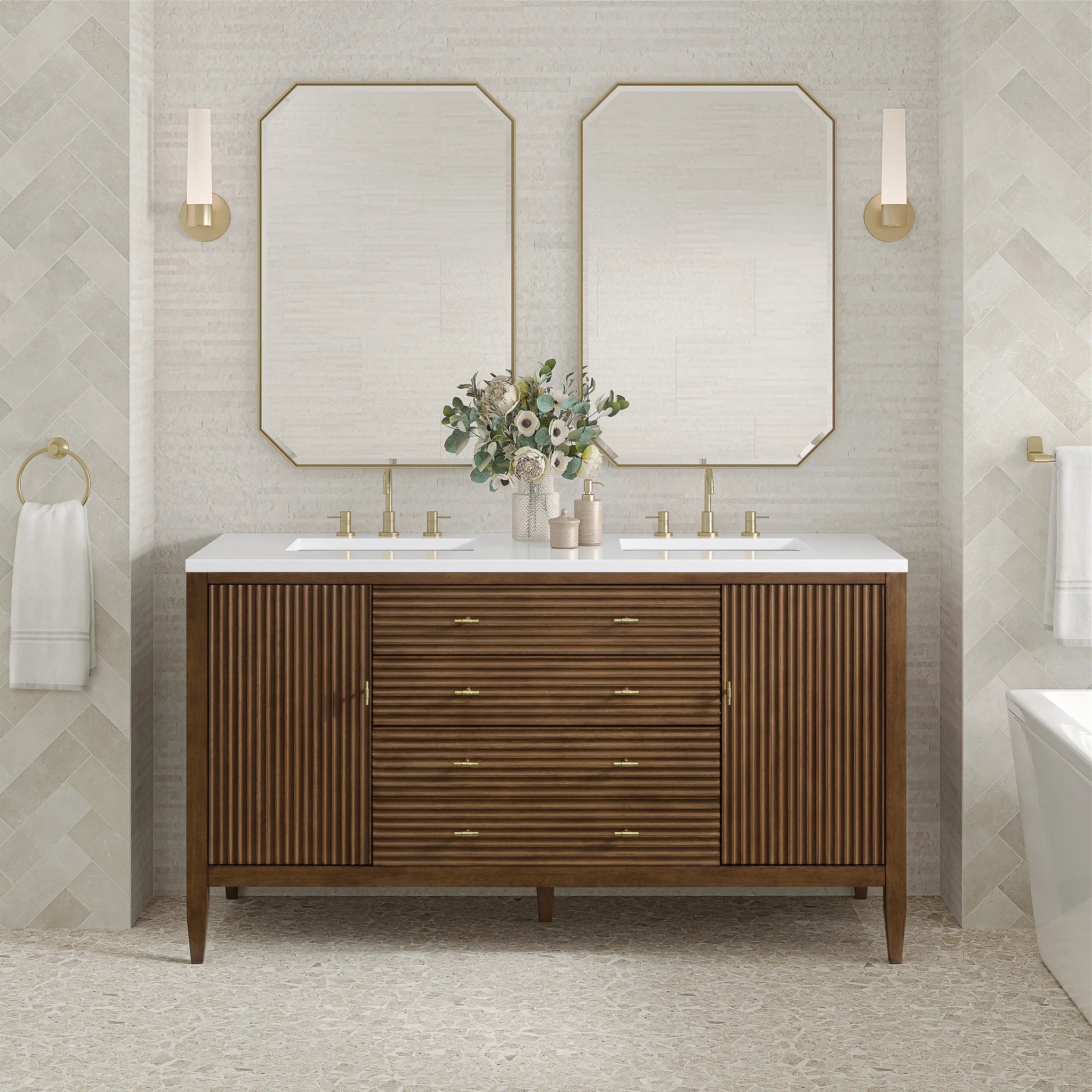 60" Myrrin Double Vanity in Mid Century Walnut-White Zeus Silestone-8" Widespread image 2