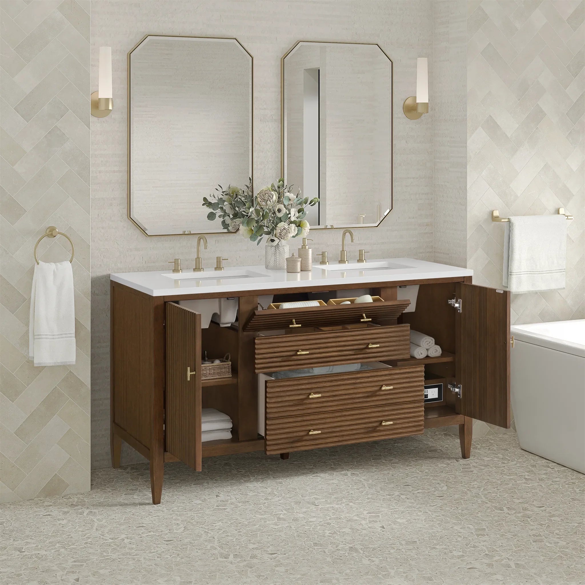 60" Myrrin Double Vanity in Mid Century Walnut-White Zeus Silestone-8" Widespread image 4