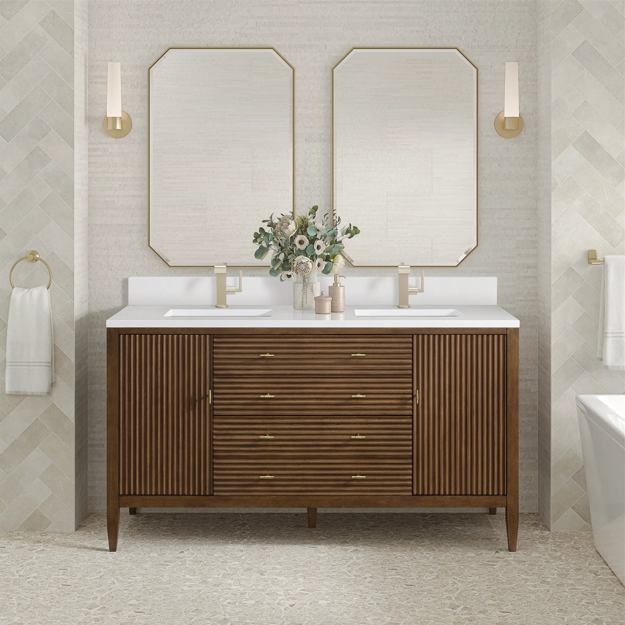60" Myrrin Double Vanity in Mid Century Walnut-White Zeus Silestone & Backsplash-Single Hole image 1