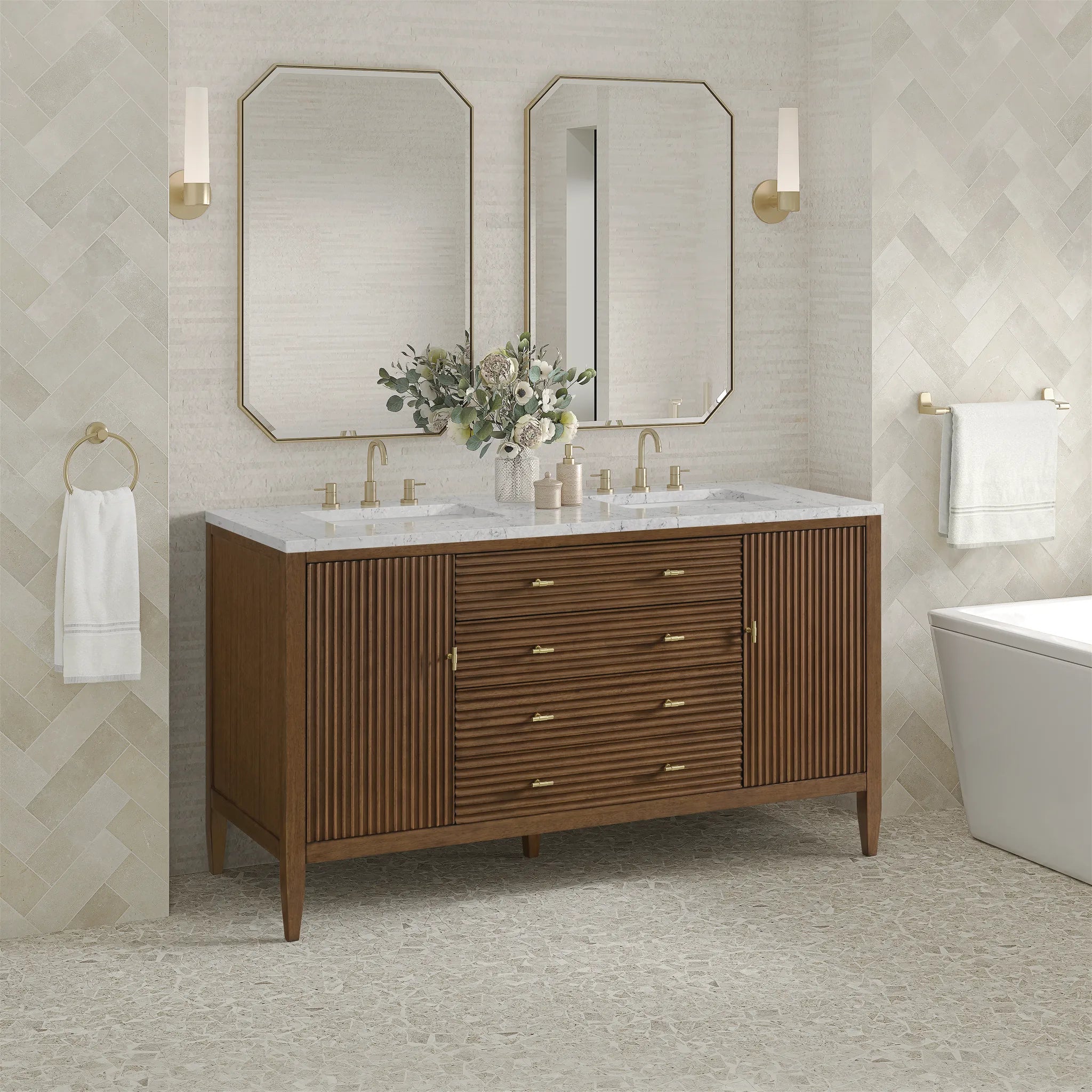 60" Myrrin Double Vanity in Mid Century Walnut Wireless Charger-Eternal Jasmine Pearl Silestone-8" Widespread image 6