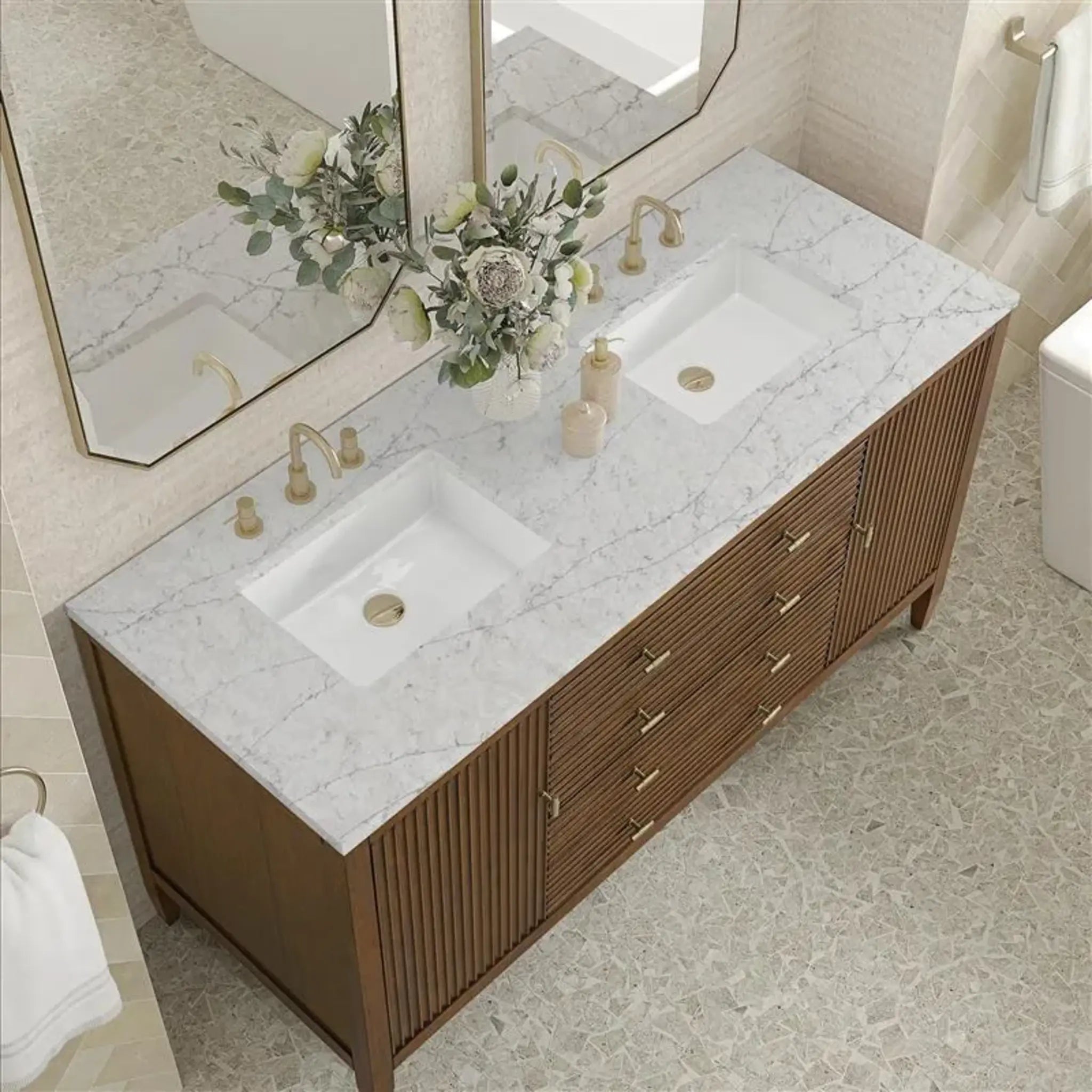 60" Myrrin Double Vanity in Mid Century Walnut Wireless Charger-Eternal Jasmine Pearl Silestone-8" Widespread image 9