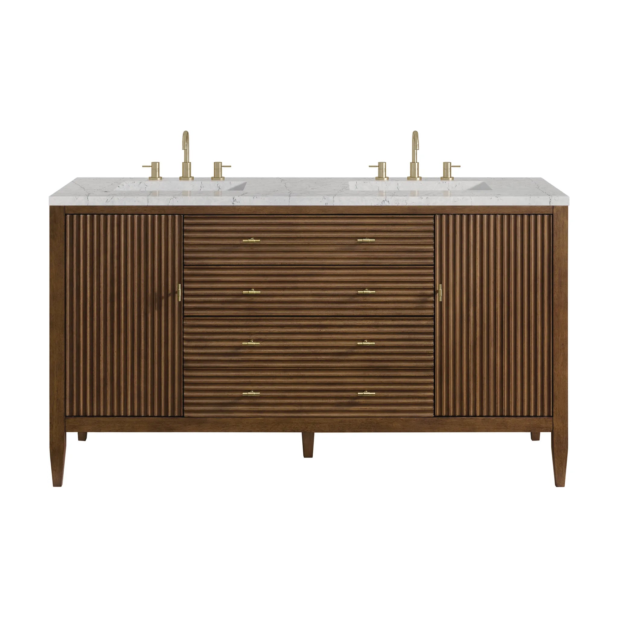 60" Myrrin Double Vanity in Mid Century Walnut Wireless Charger-Eternal Jasmine Pearl Silestone-8" Widespread image