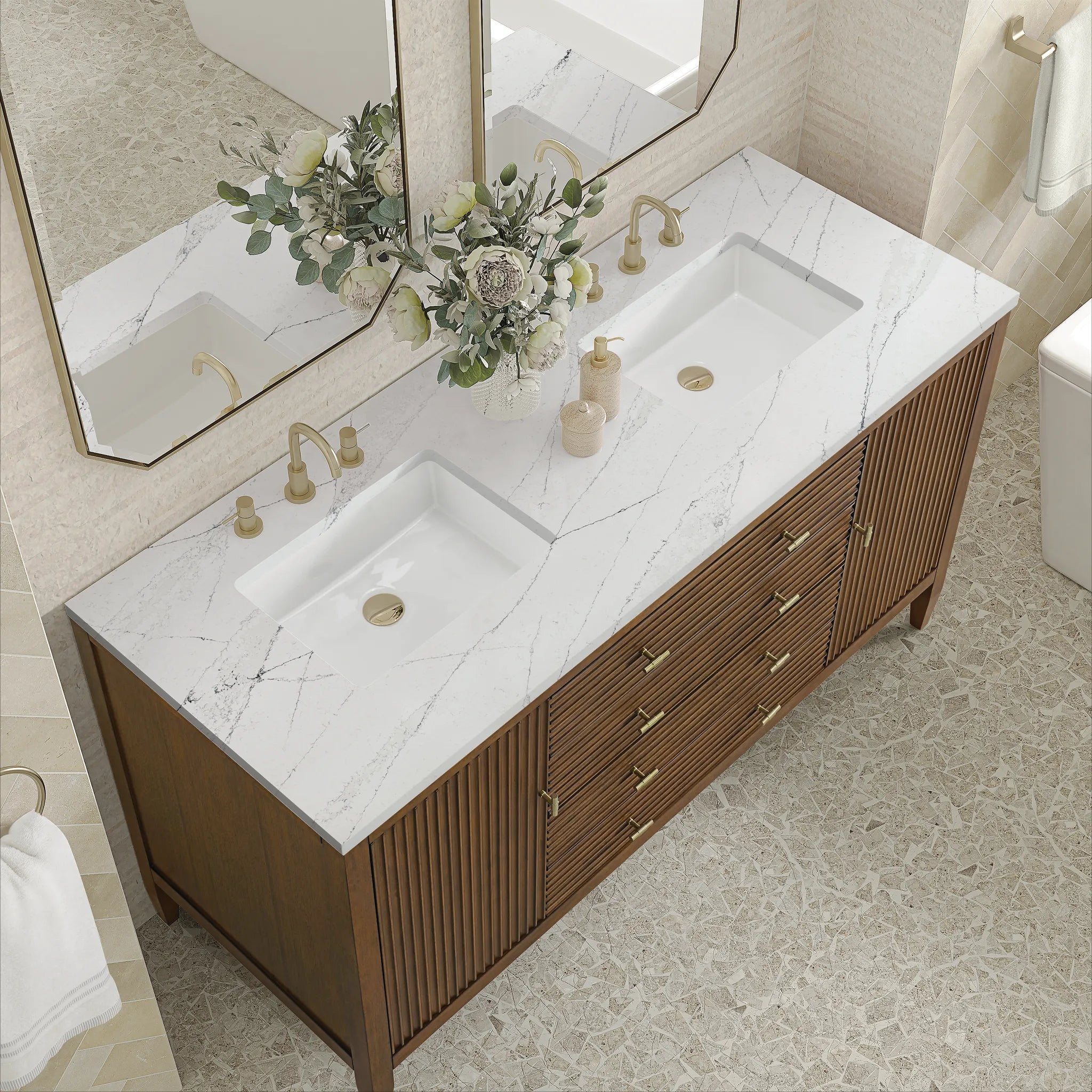 60" Myrrin Double Vanity in Mid Century Walnut Wireless Charger-Ethereal Noctis Silestone-8" Widespread image 9