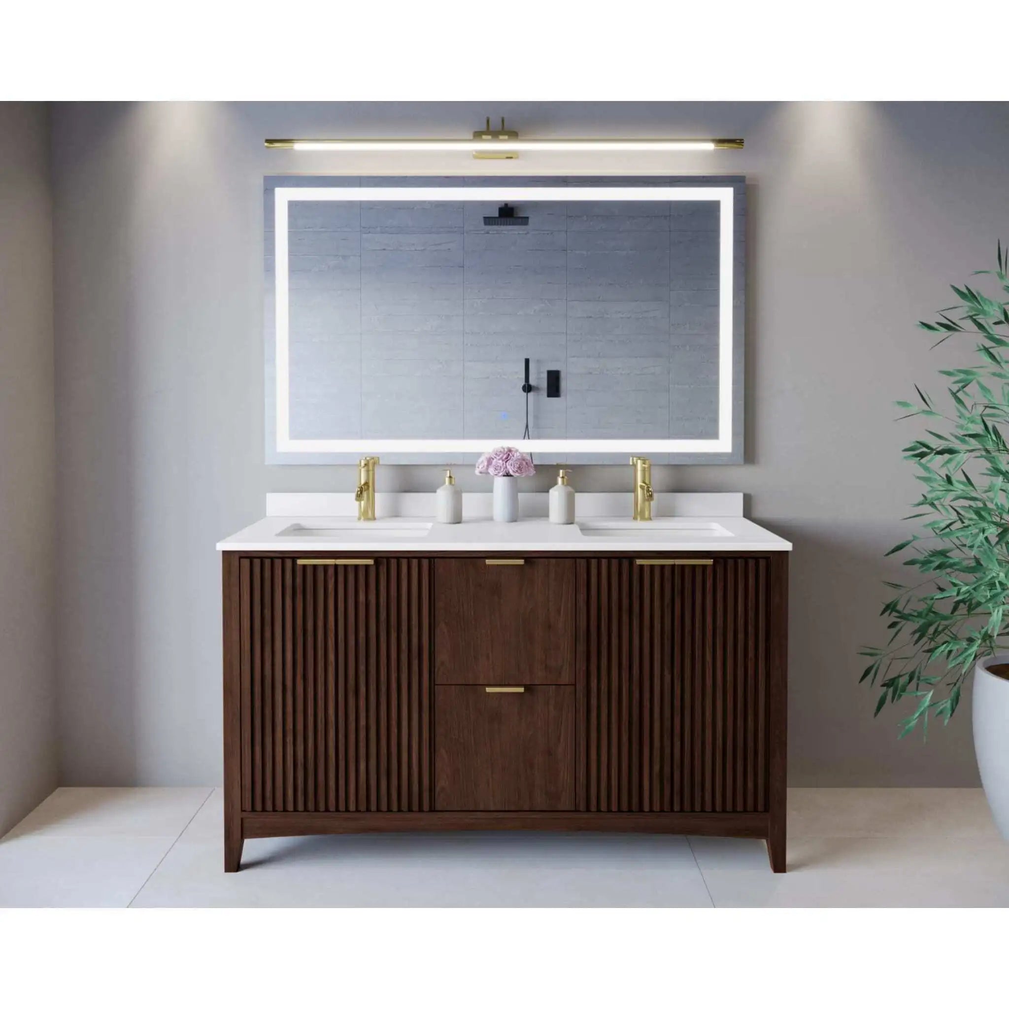 60" Palmilla Double Bathroom Vanity in Dark Walnut with Brushed Gold Trim by Wyndham