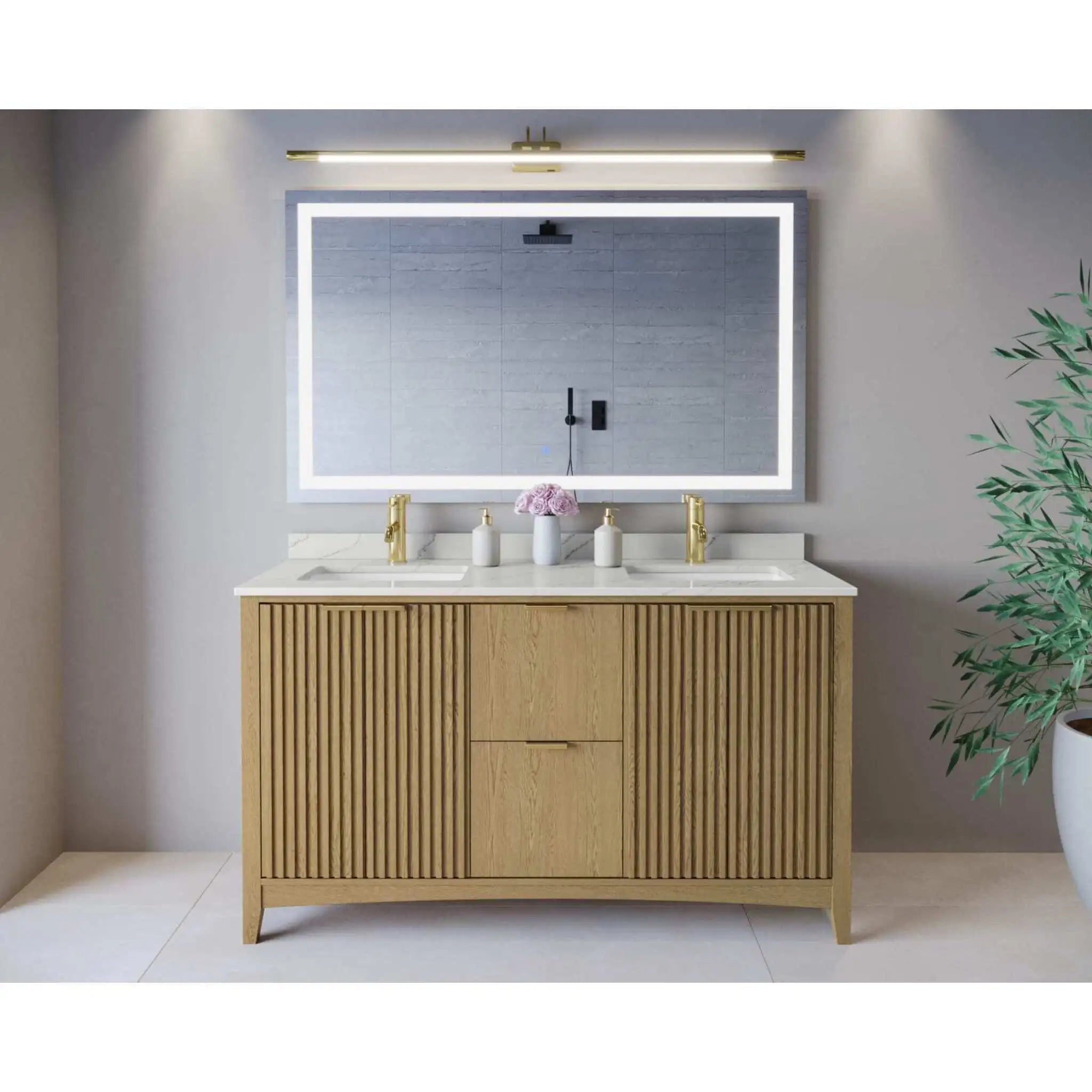 60" Palmilla Double Bathroom Vanity in Natural Oak with Brushed Gold Trim by Wyndham