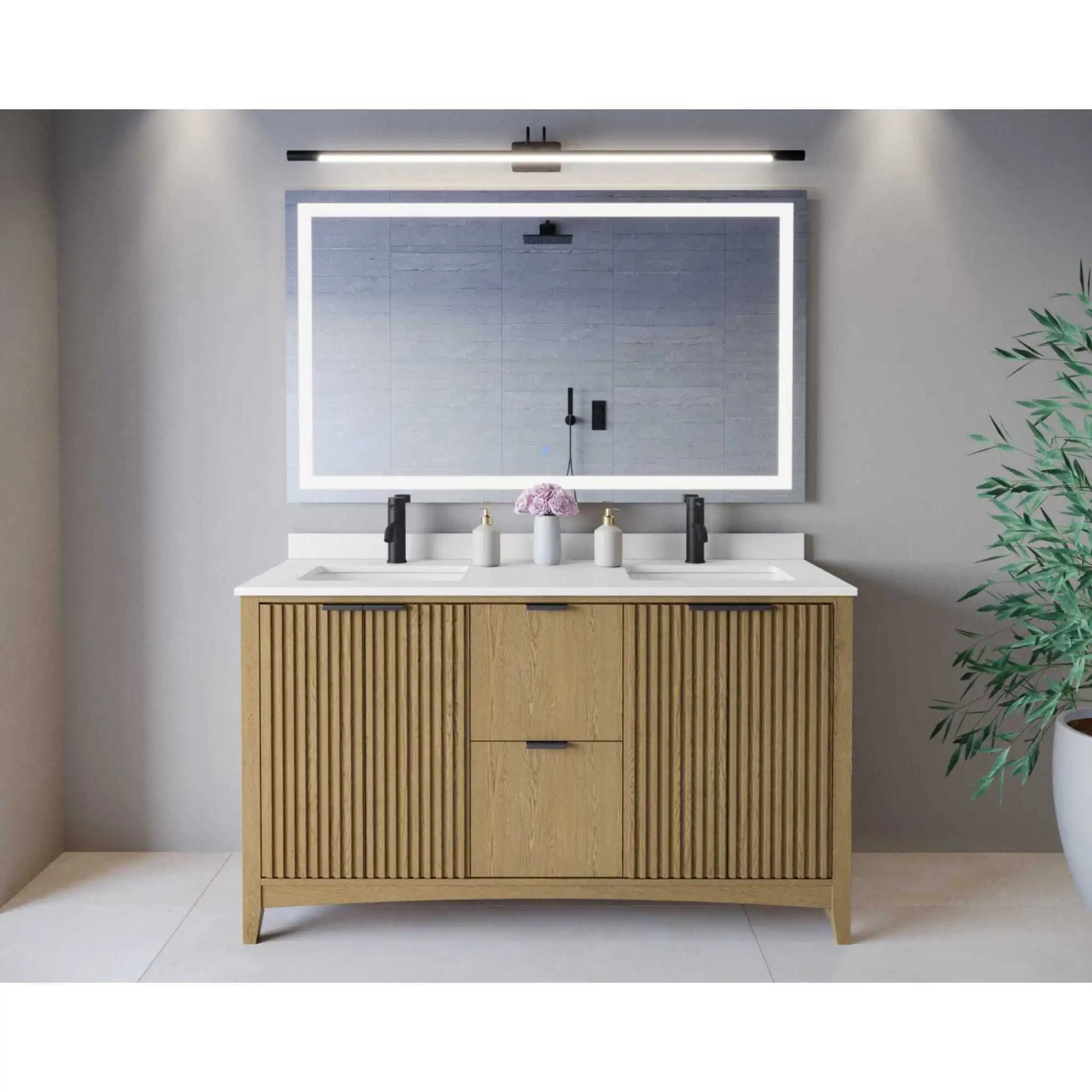 60" Palmilla Double Bathroom Vanity in Natural Oak with Matte Black Trim by Wyndham