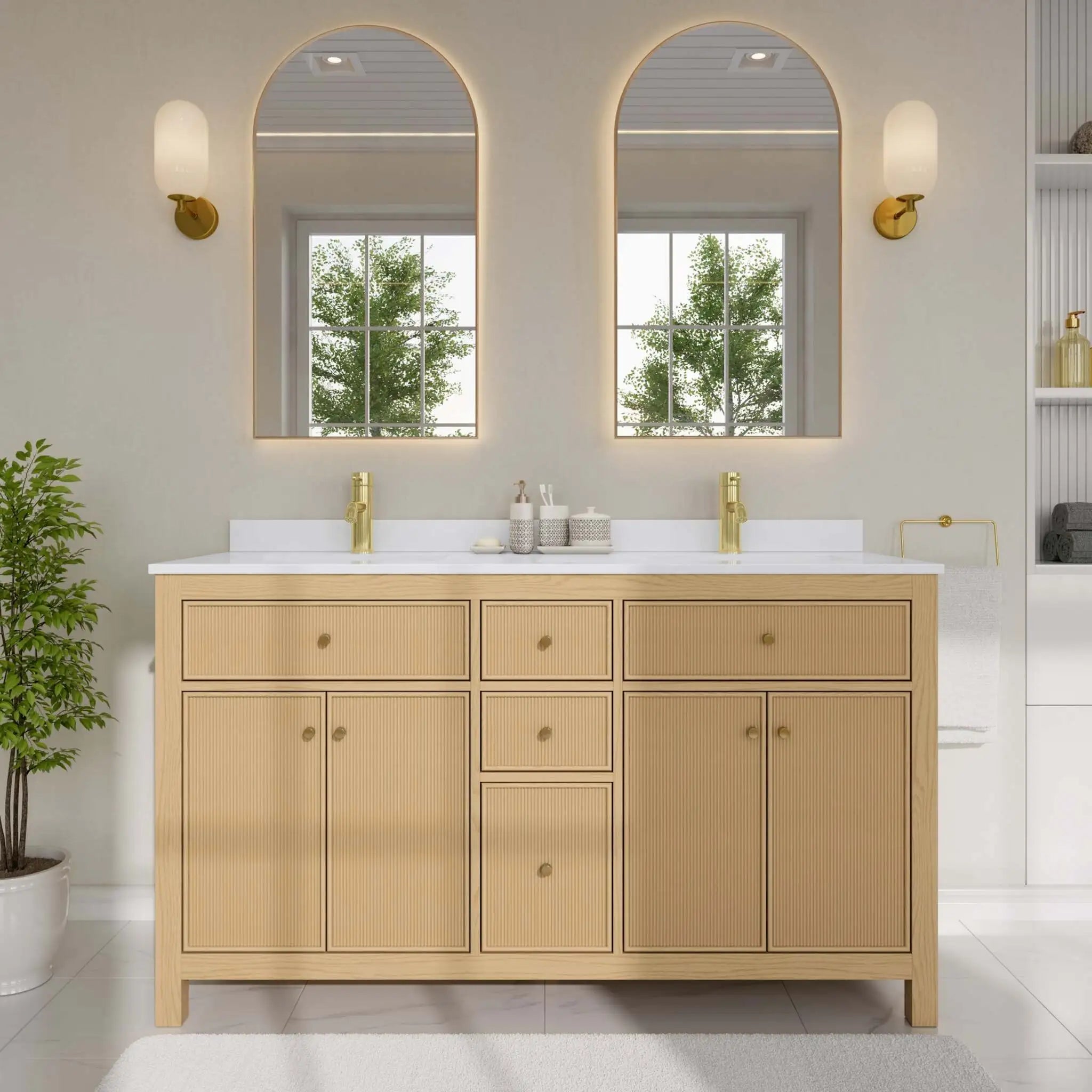 60" Pendry Double Bathroom Vanity in Tanned Oak with Brushed Gold Trim by Wyndham