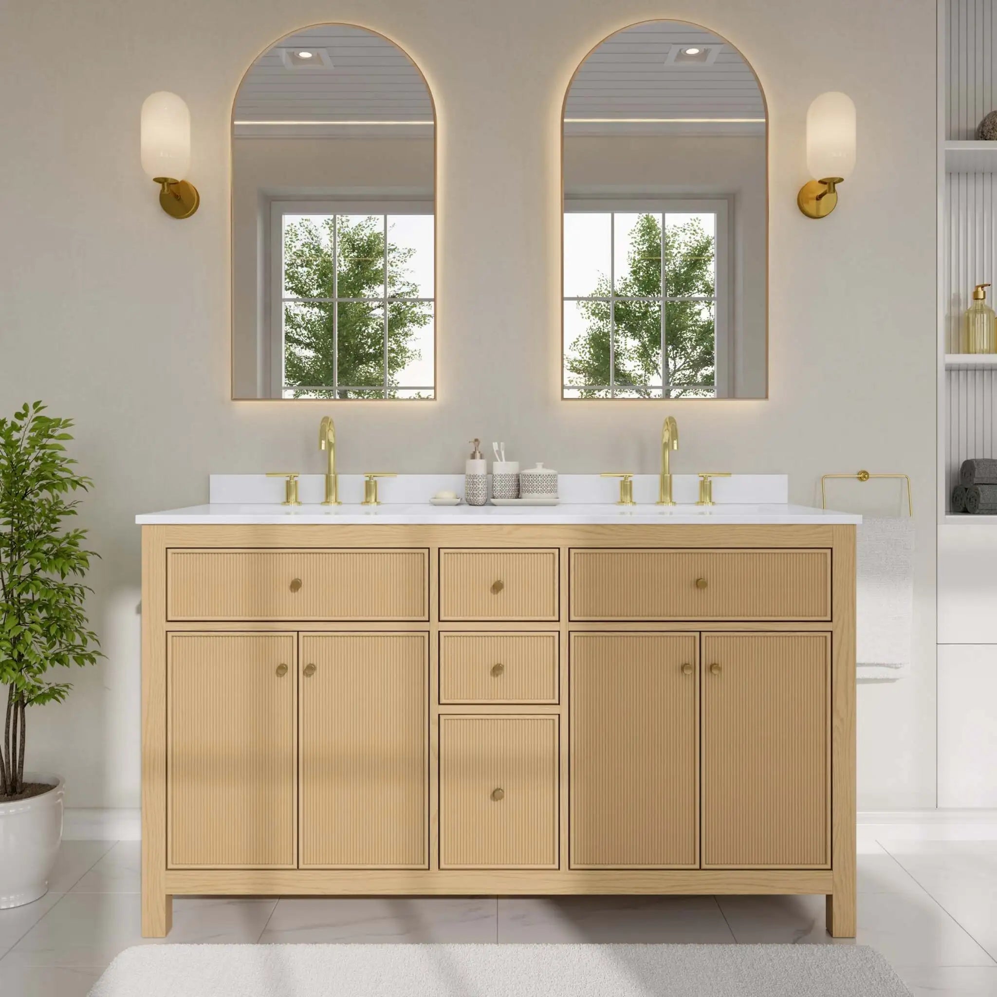 60" Pendry Double Bathroom Vanity in Tanned Oak with Brushed Gold Trim by Wyndham
