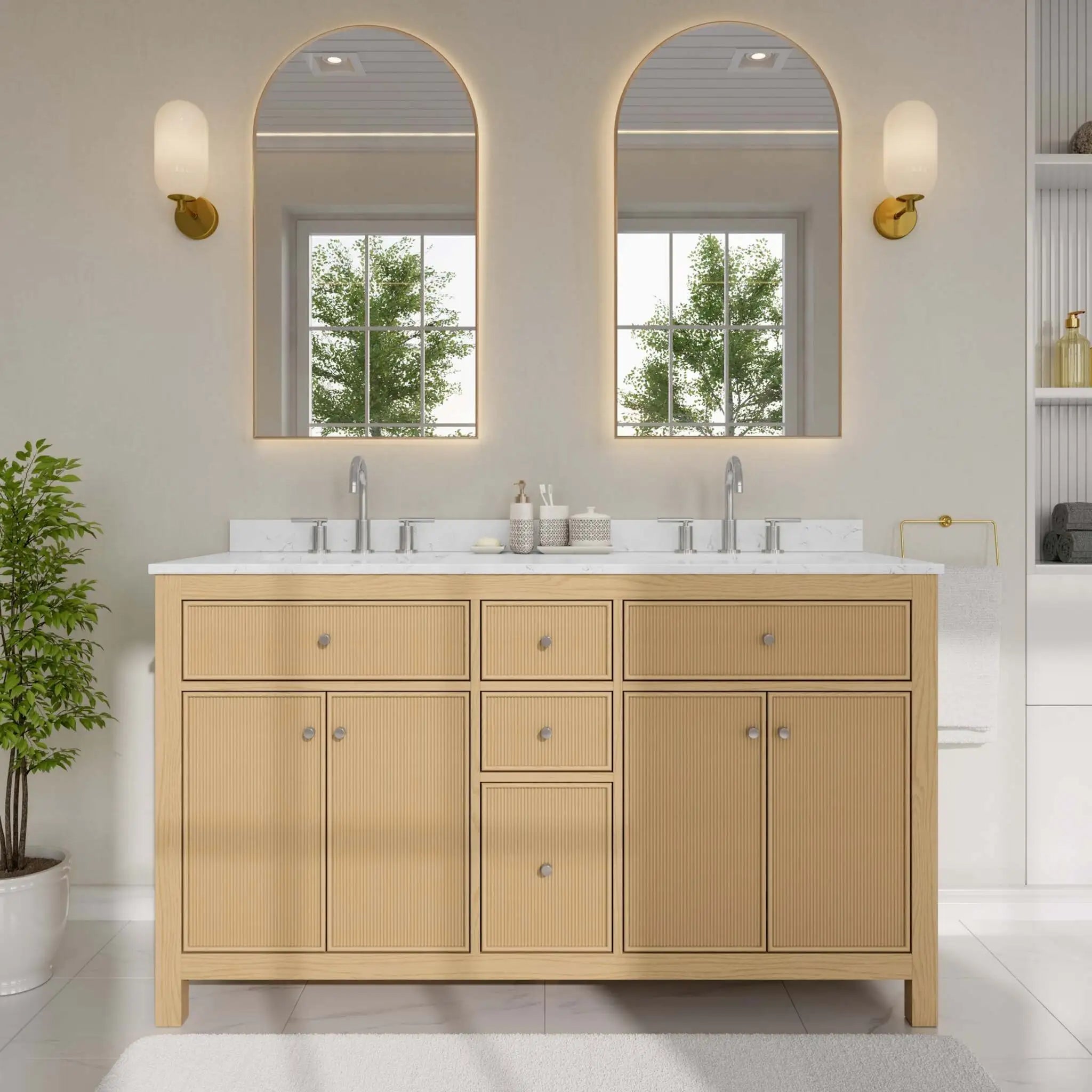 60" Pendry Double Bathroom Vanity in Tanned Oak with Brushed Nickel Trim by Wyndham