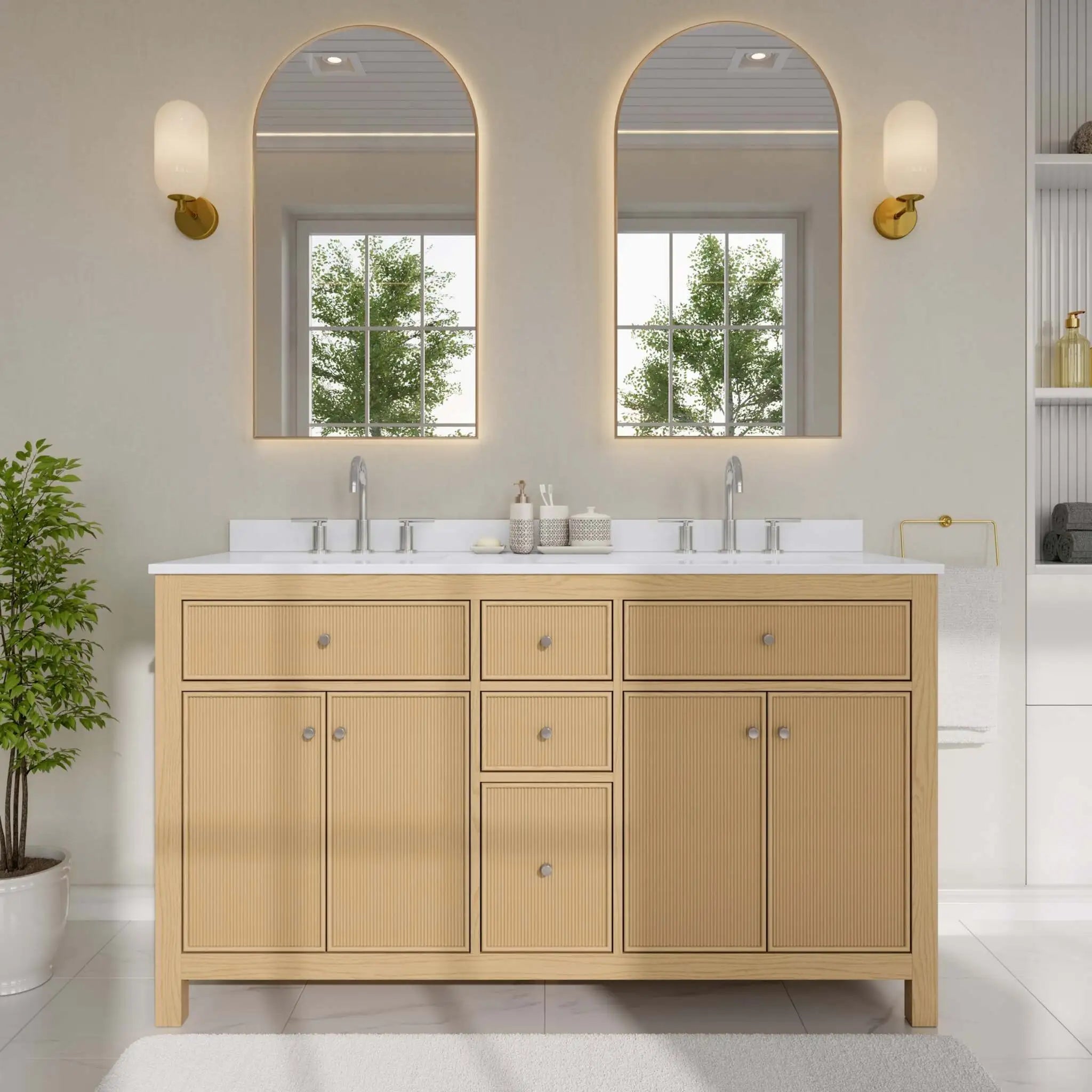 60" Pendry Double Bathroom Vanity in Tanned Oak with Brushed Nickel Trim by Wyndham