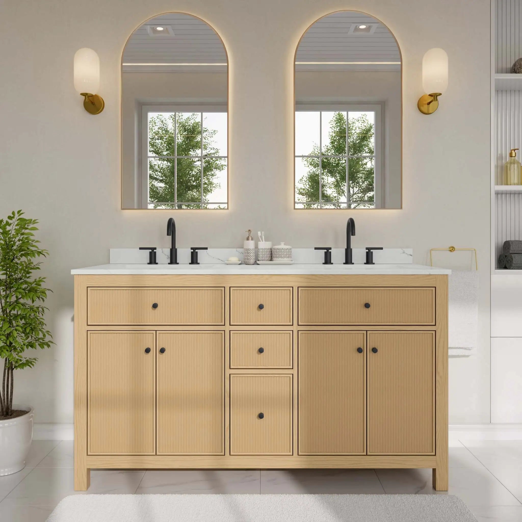 60" Pendry Double Bathroom Vanity in Tanned Oak with Matte Black Trim by Wyndham