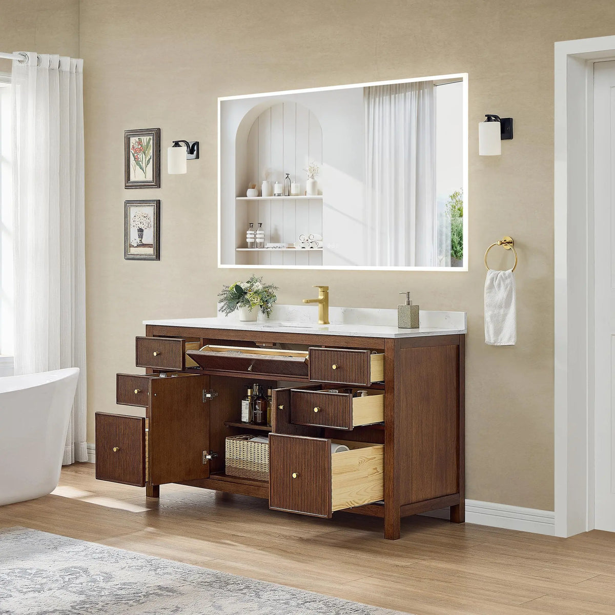 60" Pendry Single Bathroom Vanity Dark Walnut Brushed Gold Trim by wyndham View 4