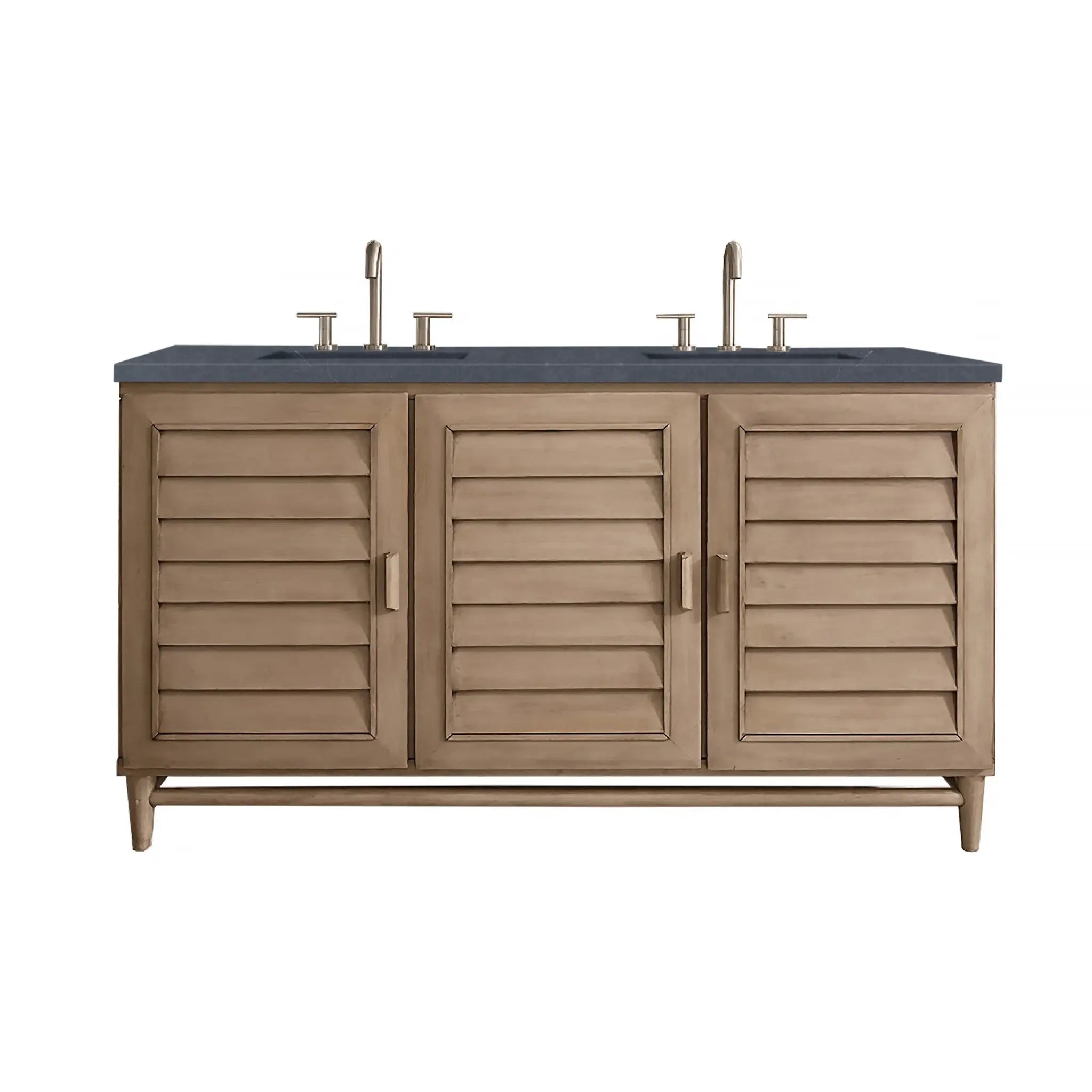 60" Portland Double Vanity in Whitewashed Walnut-Charcoal Soapstone Silestone-8" Widespread image