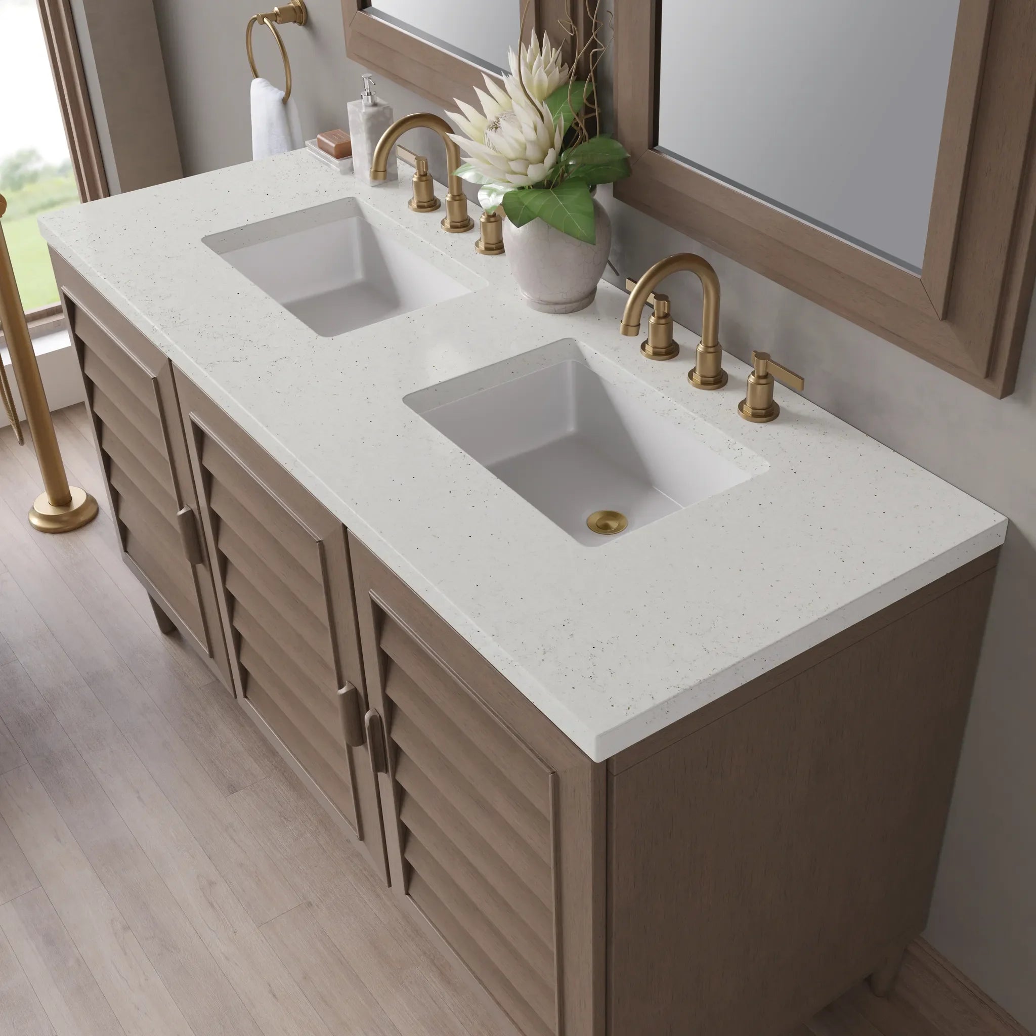 60" Portland Double Vanity in Whitewashed Walnut-Lime Delight Silestone-8" Widespread image 4