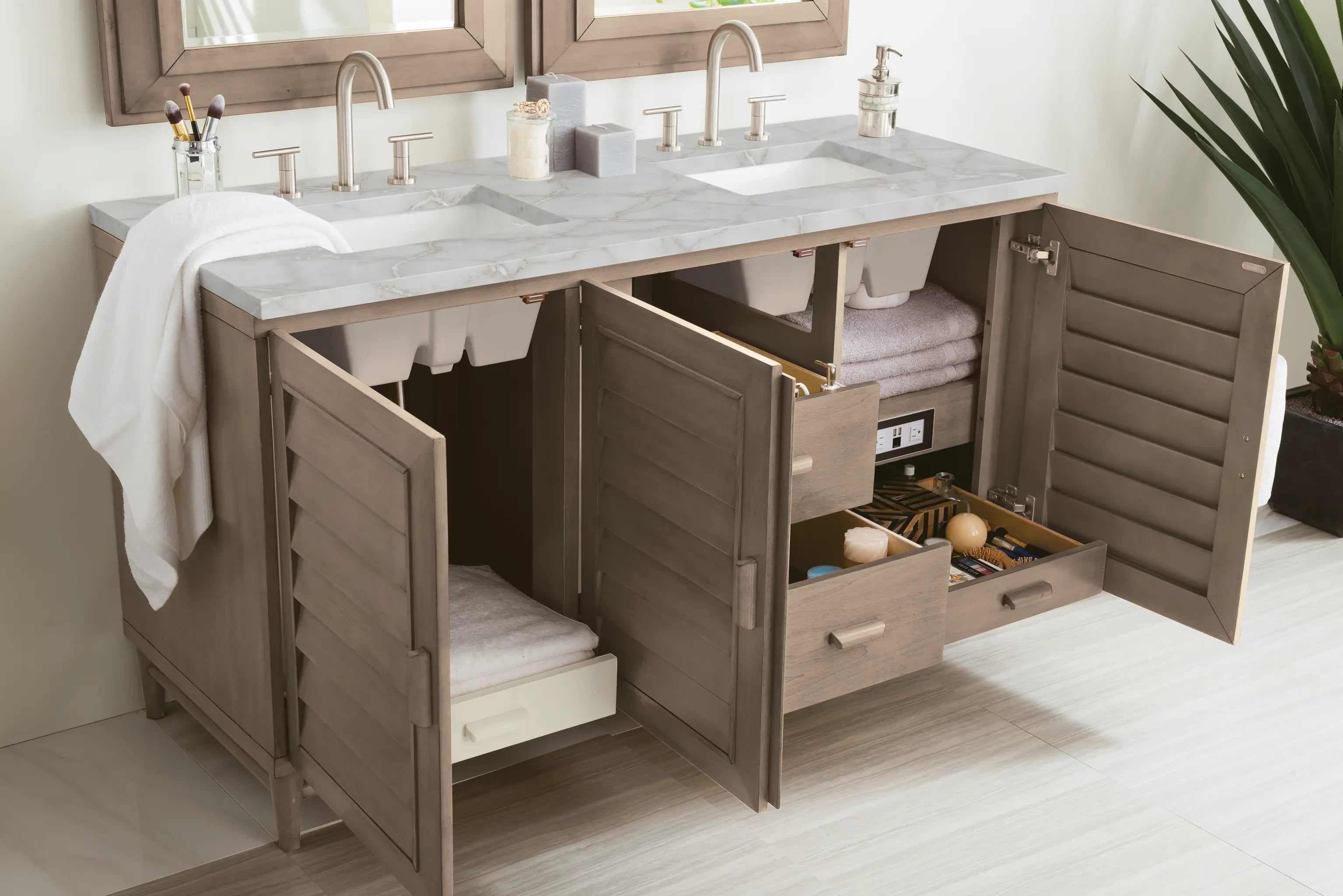 60" Portland Double Vanity in Whitewashed Walnut-Victorian Silver Silestone-8" Widespread image 3