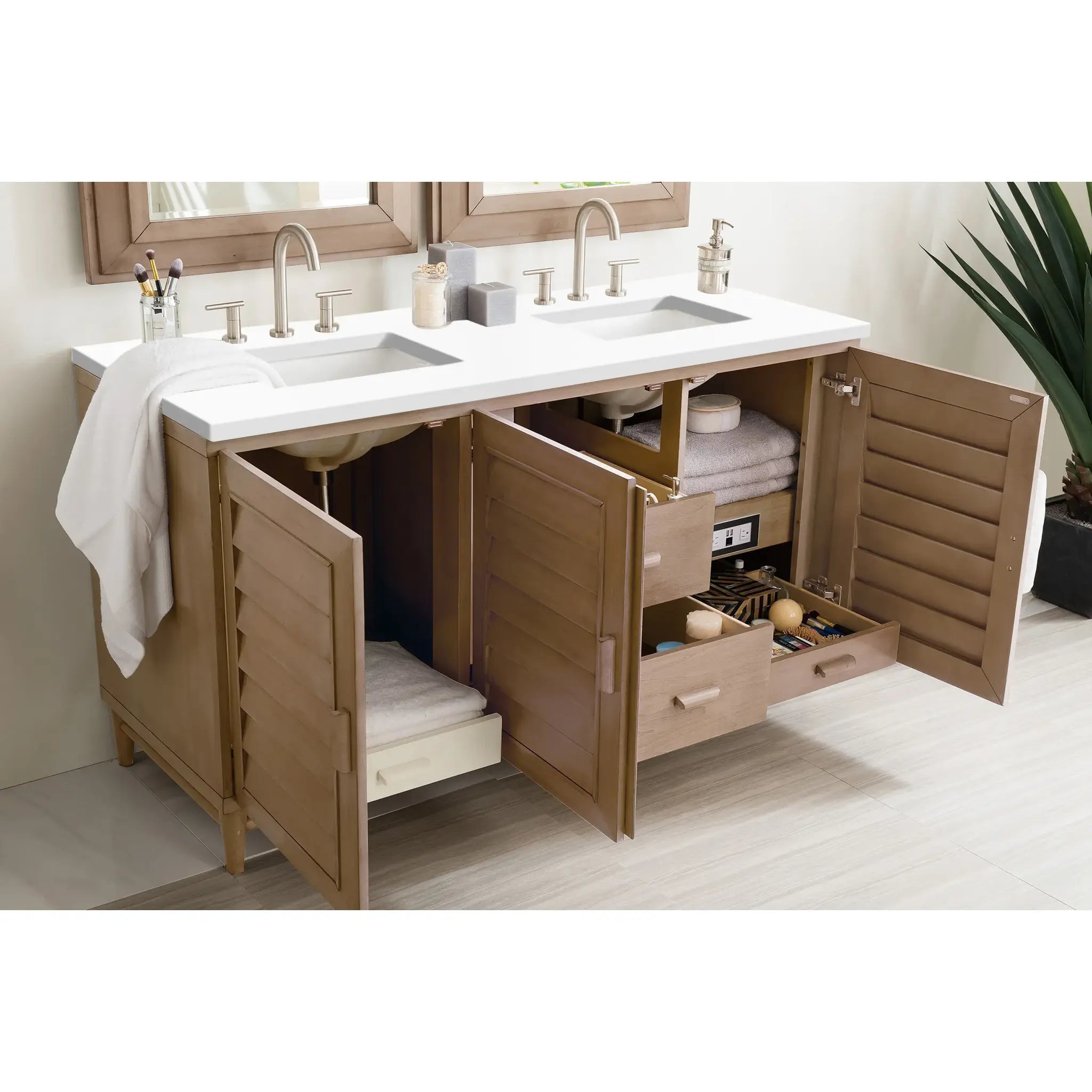 60" Portland Double Vanity in Whitewashed Walnut-White Zeus Silestone-8" Widespread image 3