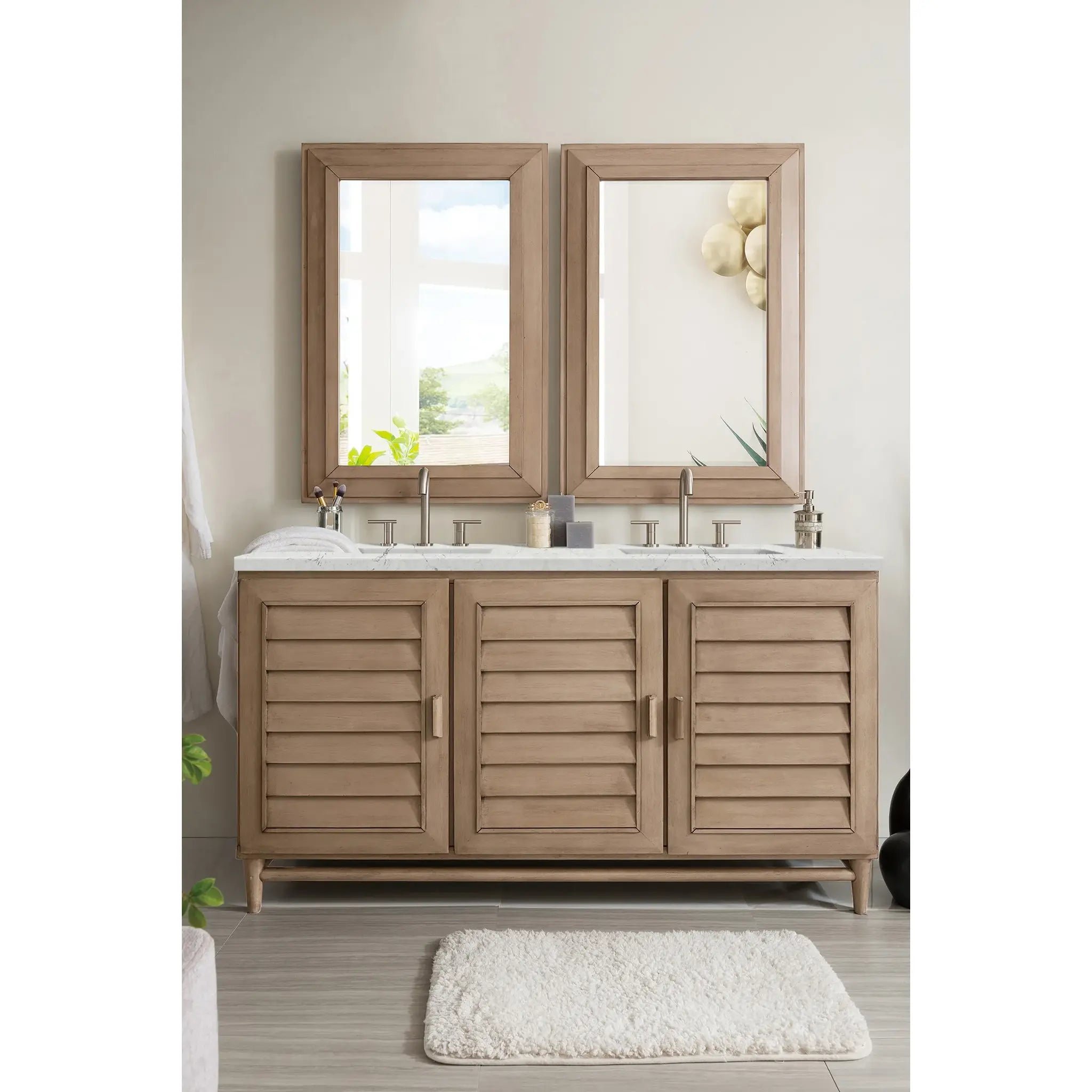 60" Portland Double Vanity in Whitewashed Walnut Wireless Charger-Eternal Jasmine Pearl Silestone-8" Widespread image 4
